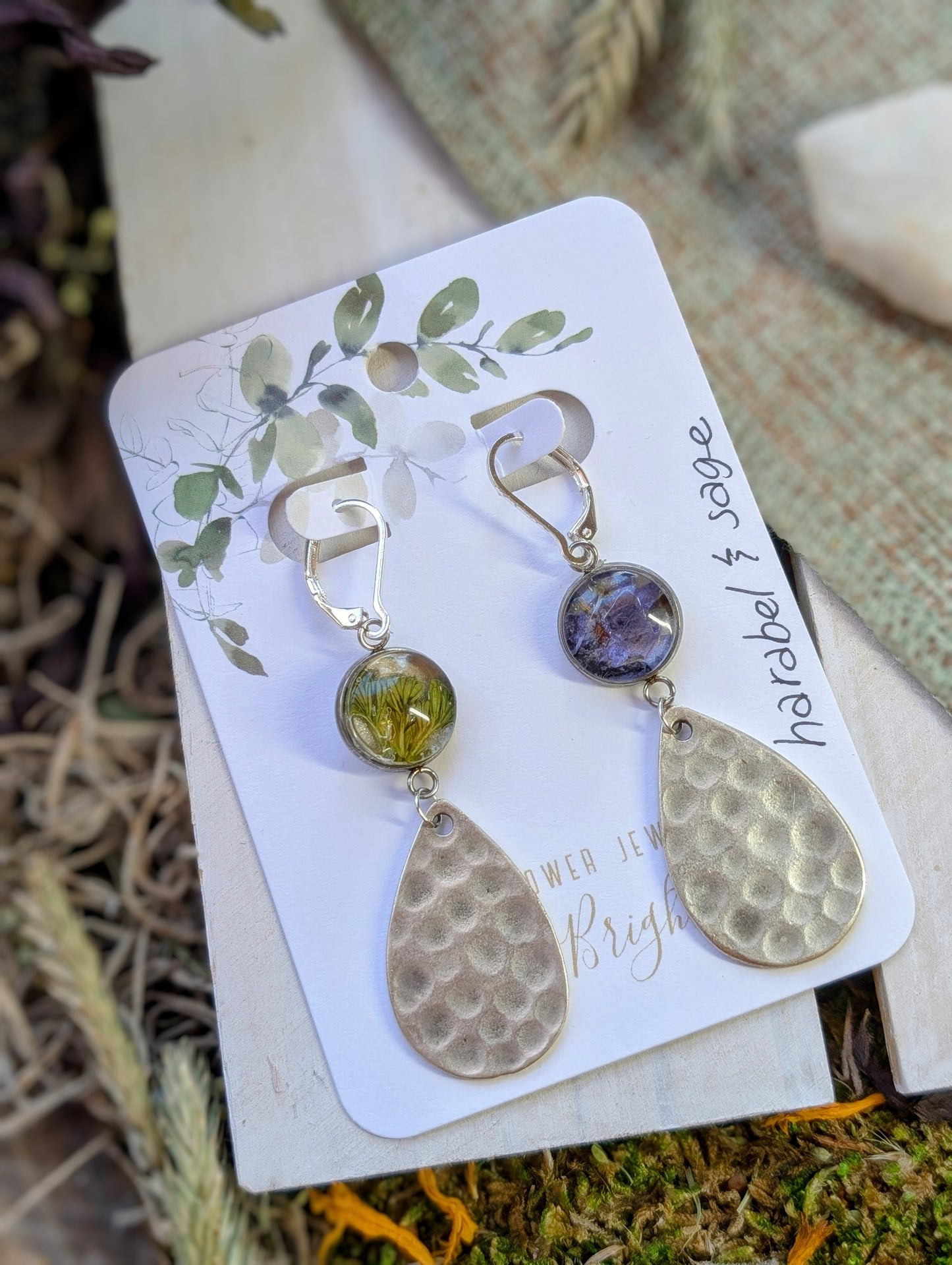 Harabel and Sage Magical Pressed Flower Wildflower Earrings with Sterling Silver