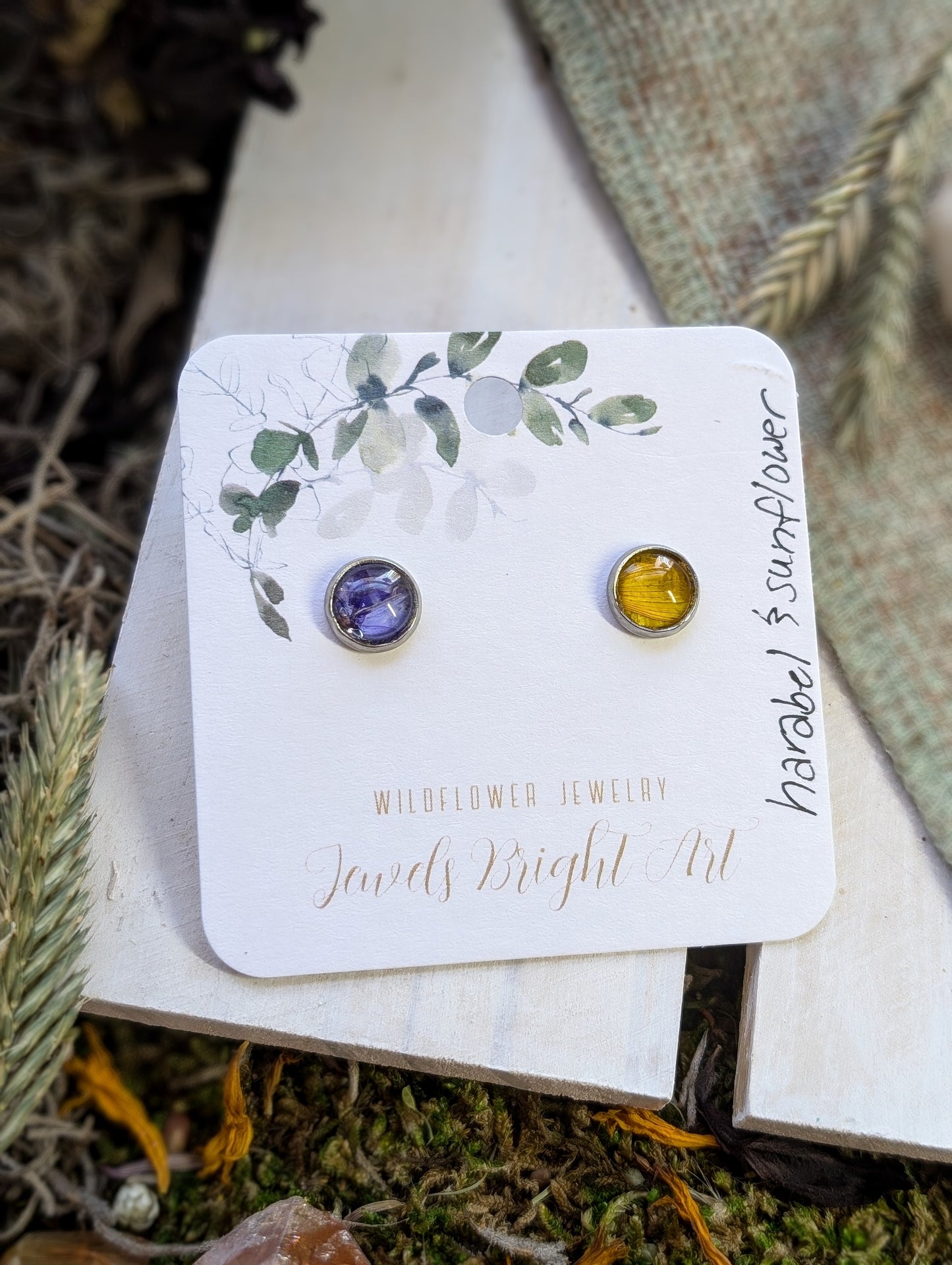 Harabel and Sunflower Tiny Nature-Inspired Whimsical Earrings with Dried Floral Accents