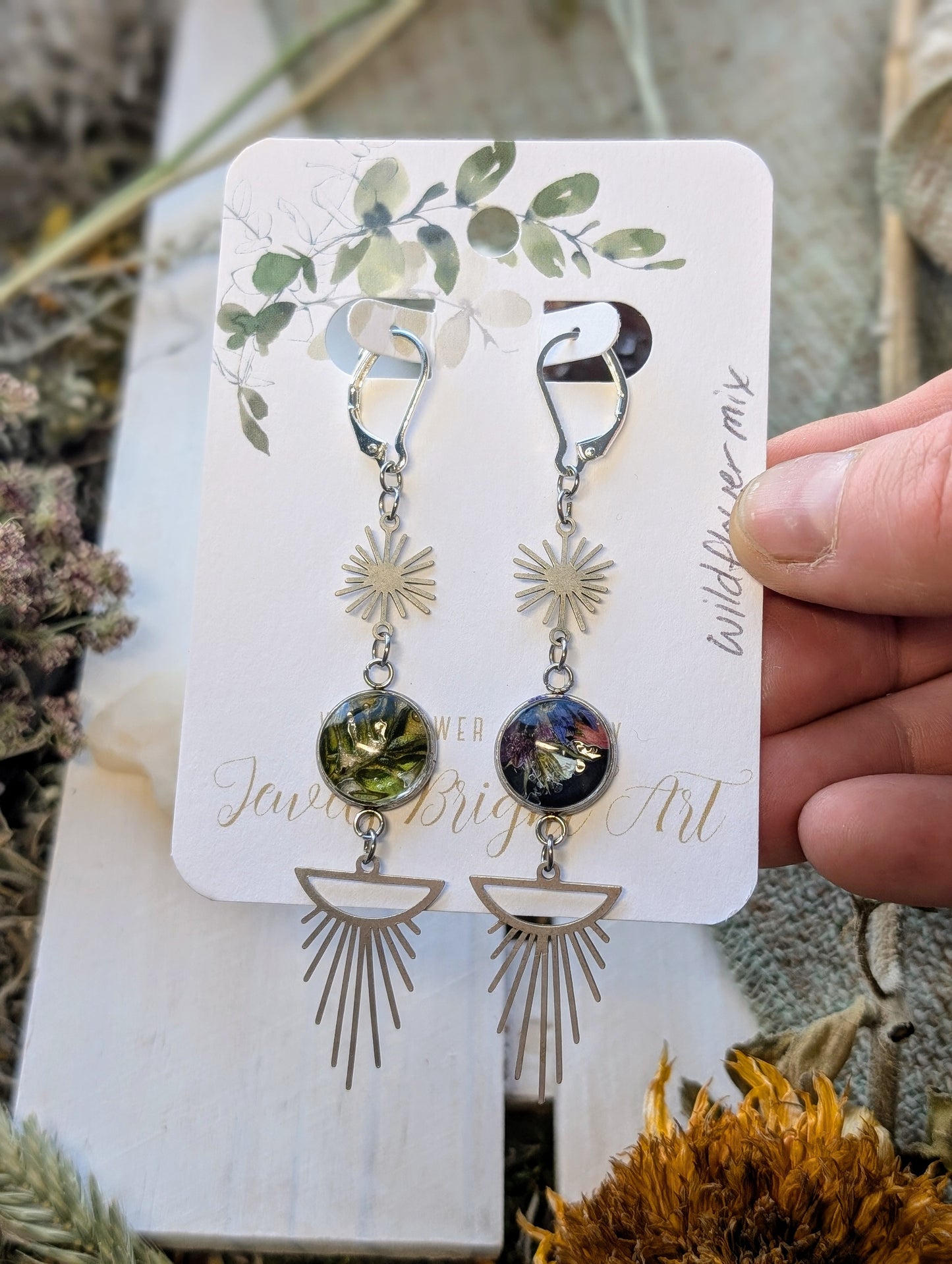 Wildflower Mix Magical Pressed Flower Wildflower Earrings with Sterling Silver