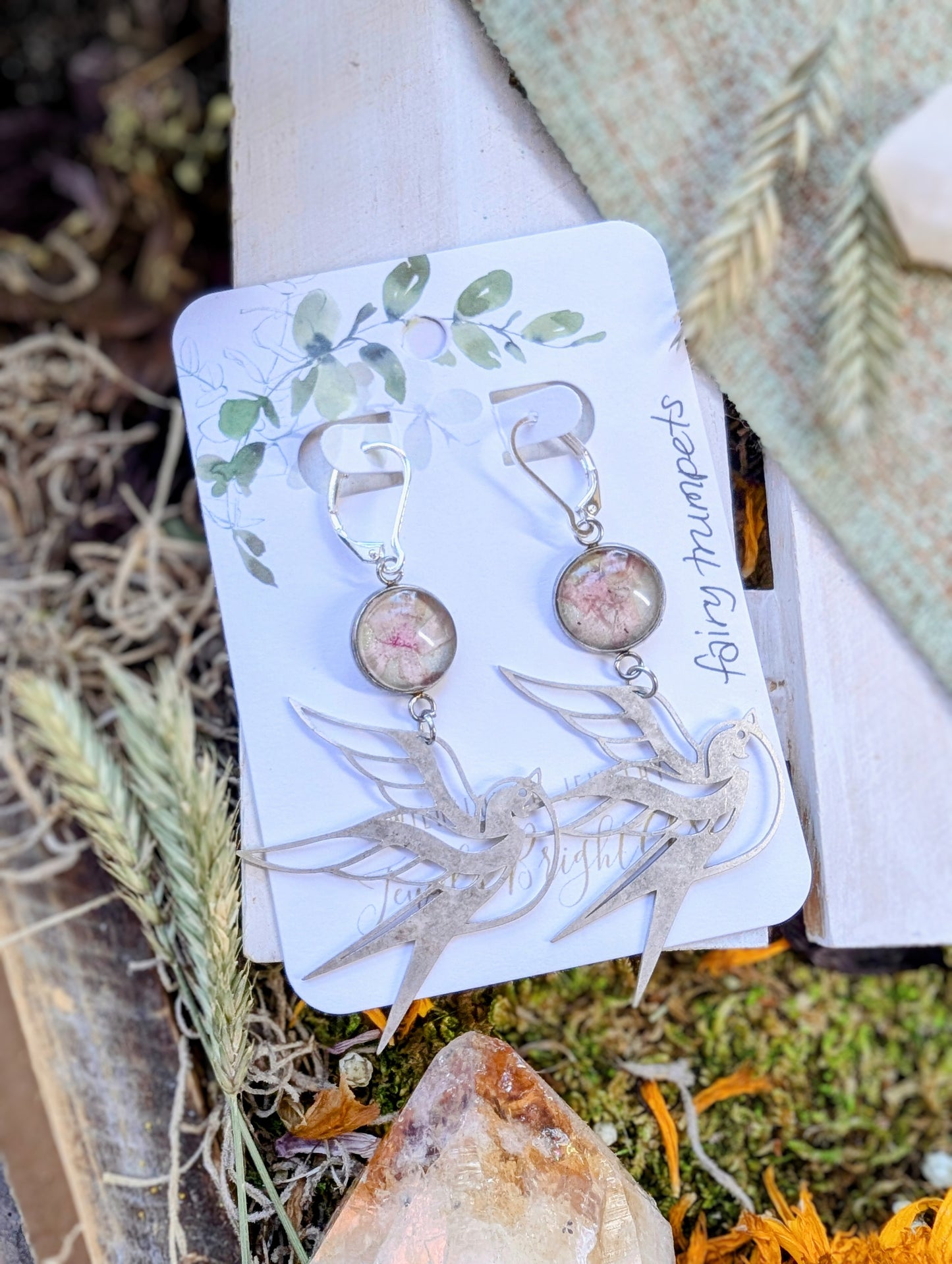 Fairy Trumpets Magical Pressed Flower Wildflower Earrings with Sterling Silver