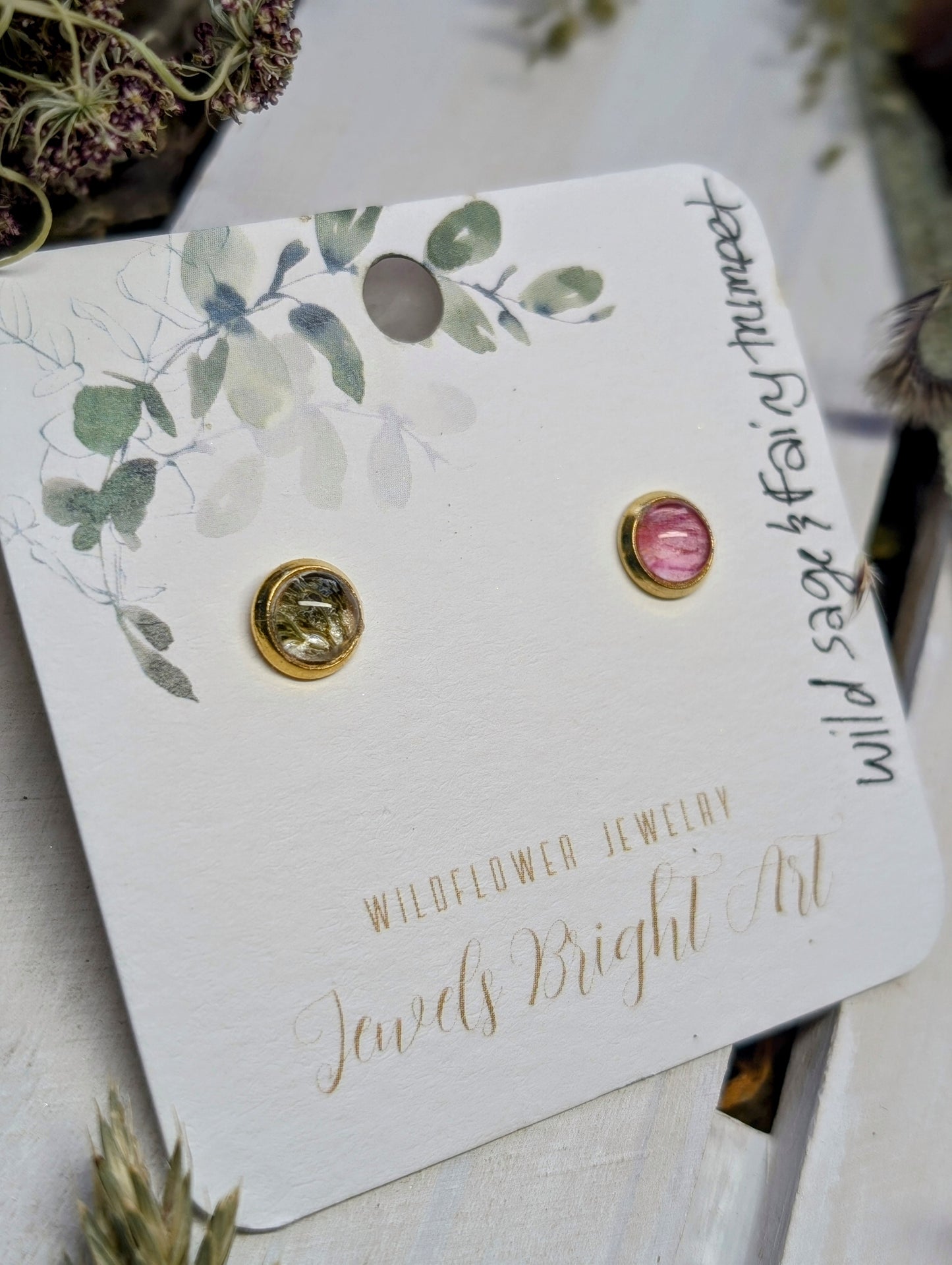 Wild Sage and Fairy Trumpets Tiny Nature-Inspired Whimsical Earrings with Dried Floral Accents