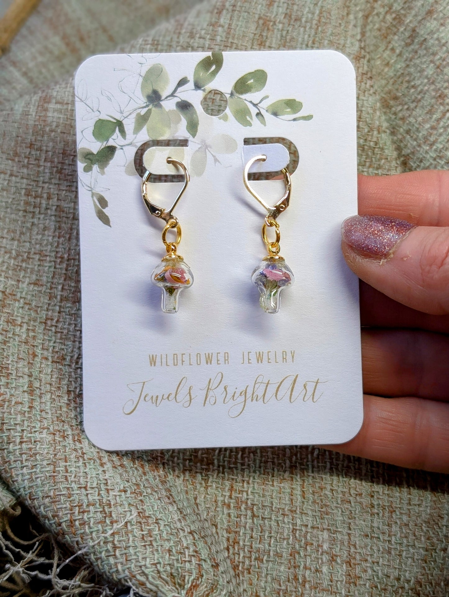 Mushroom Unique Handcrafted Floral Earrings with Wildflowers and Quartz