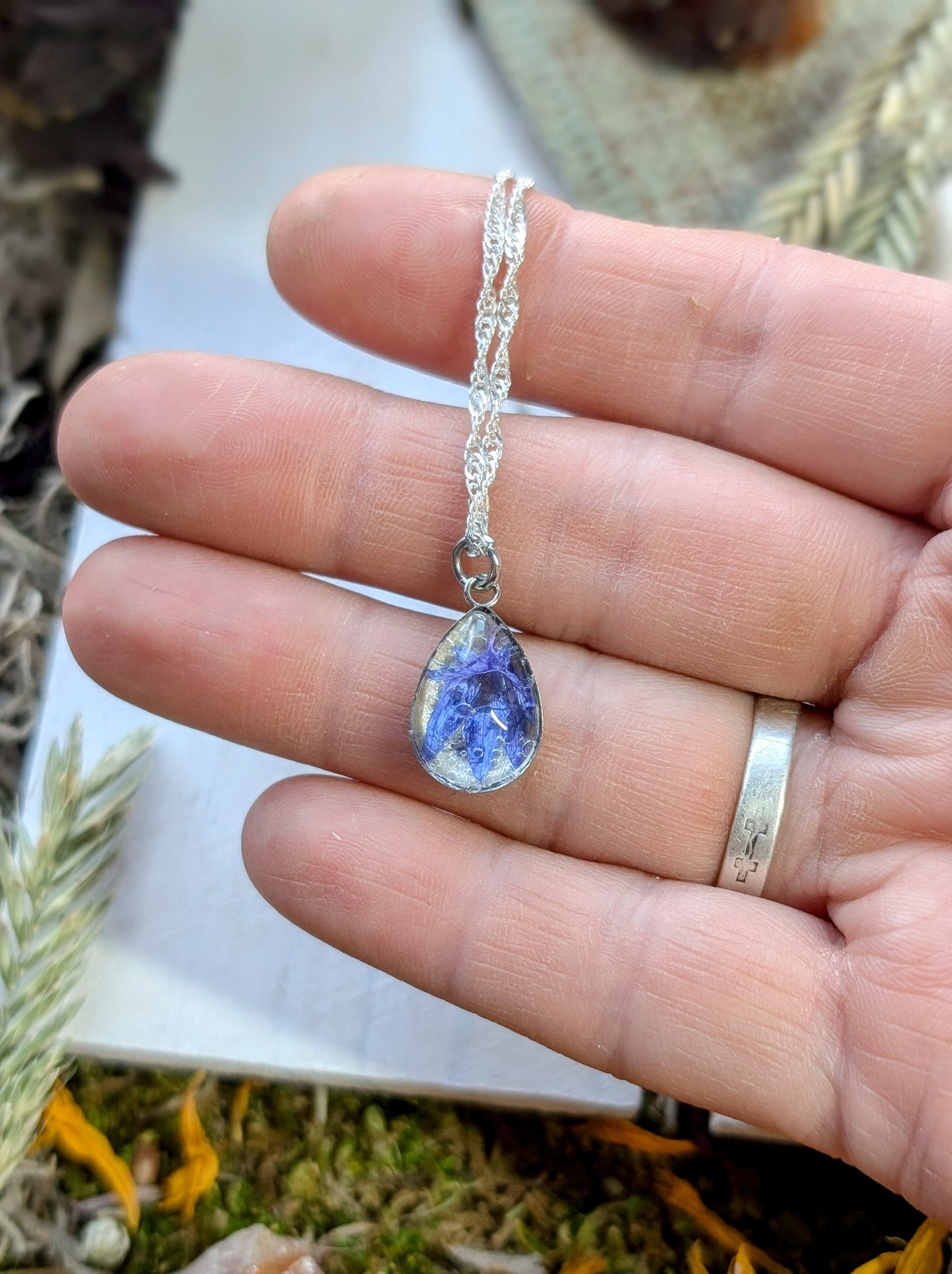 Cornflower Sterling Silver Nature-Inspired Whimsical Necklace with Dried Floral Accents