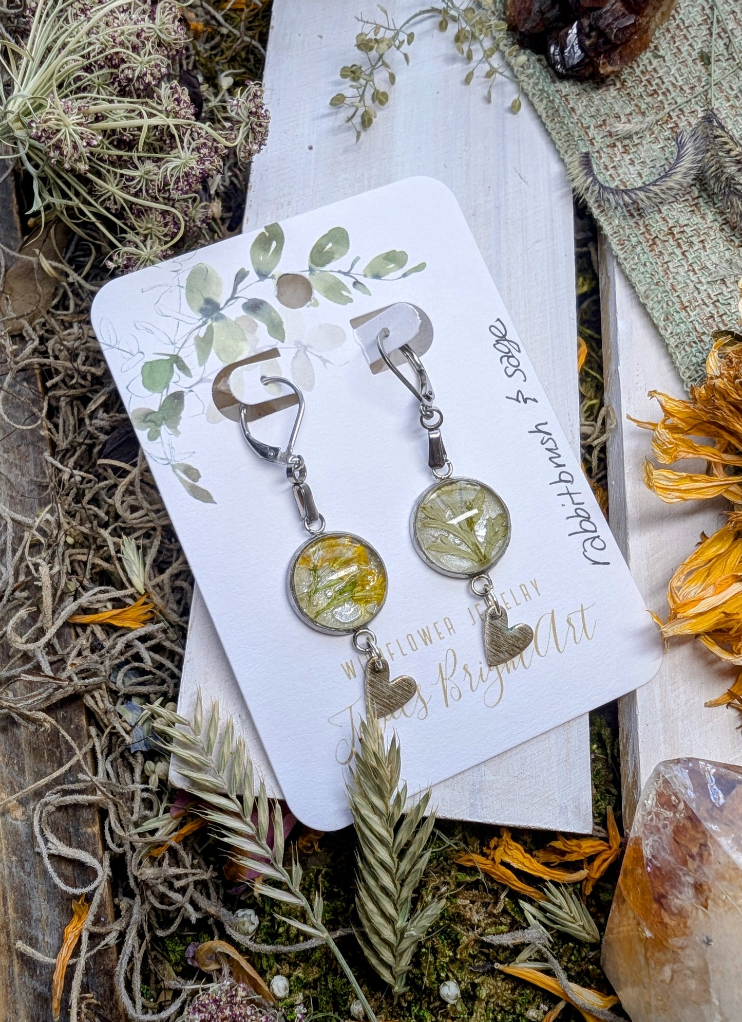 Rabbitbrush and Sage Magical Pressed Flower Wildflower Earrings with Sterling Silver