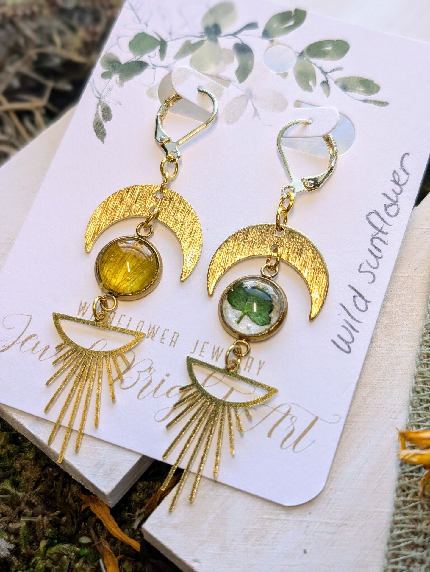 Wild Sunflower Magical Pressed Flower Wildflower Earrings with 14k Gold