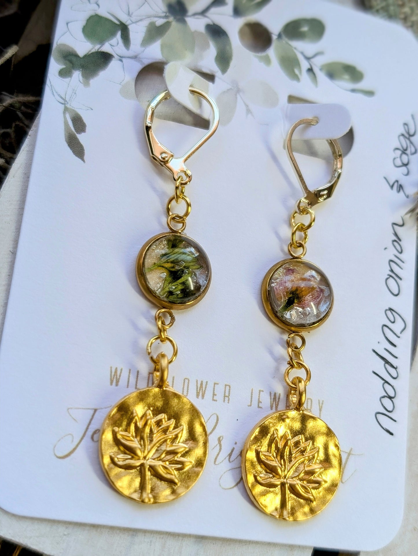 Nodding Onion and Wild Sage Magical Pressed Flower Wildflower Earrings with 14k Gold