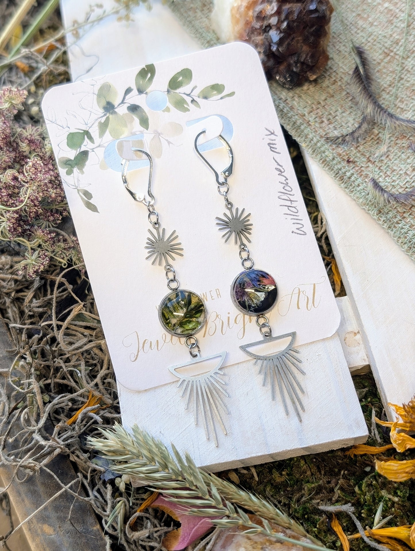 Wildflower Mix Magical Pressed Flower Wildflower Earrings with Sterling Silver