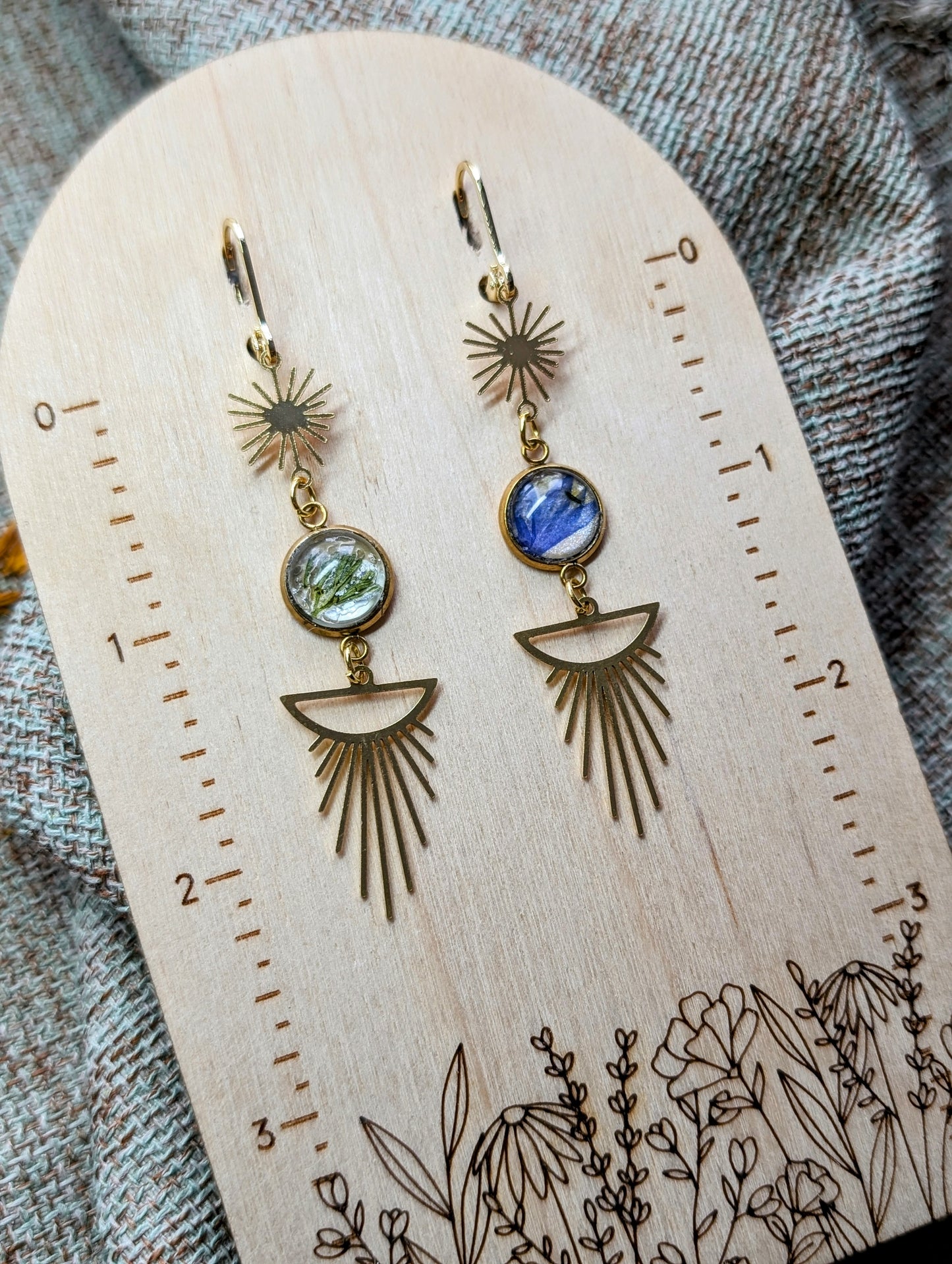 Cornflower and Sage Magical Pressed Flower Wildflower Earrings with 14k Gold