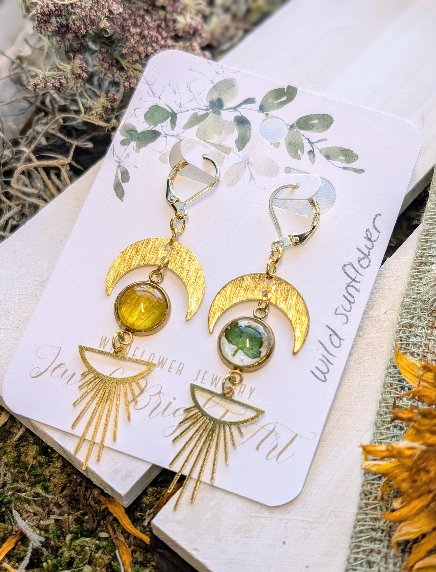 Wild Sunflower Magical Pressed Flower Wildflower Earrings with 14k Gold