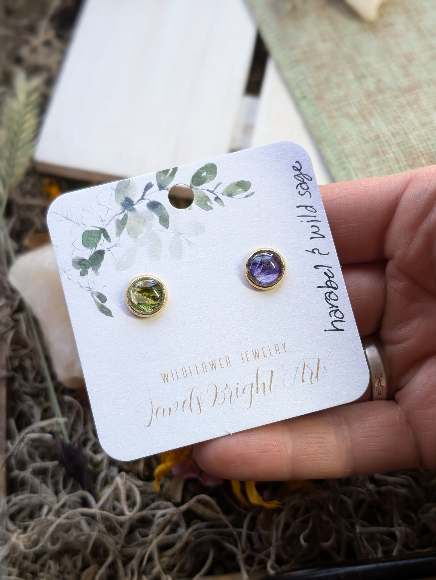 Harabel and Wild Sage Tiny Nature-Inspired Whimsical Earrings with Dried Floral Accents