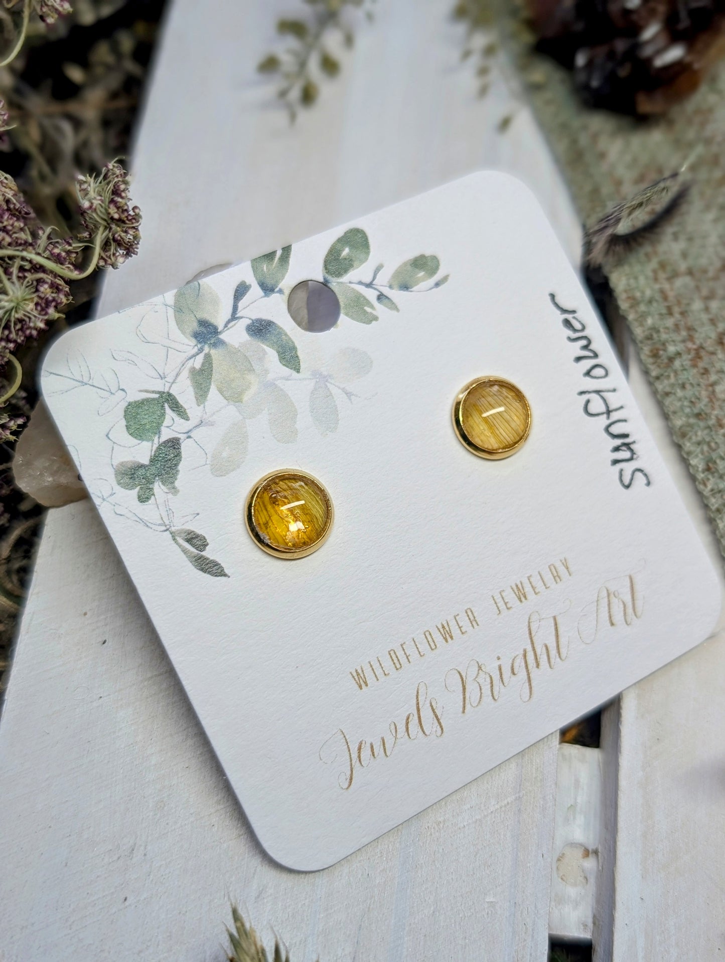 Sunflower Tiny Nature-Inspired Whimsical Earrings with Dried Floral Accents