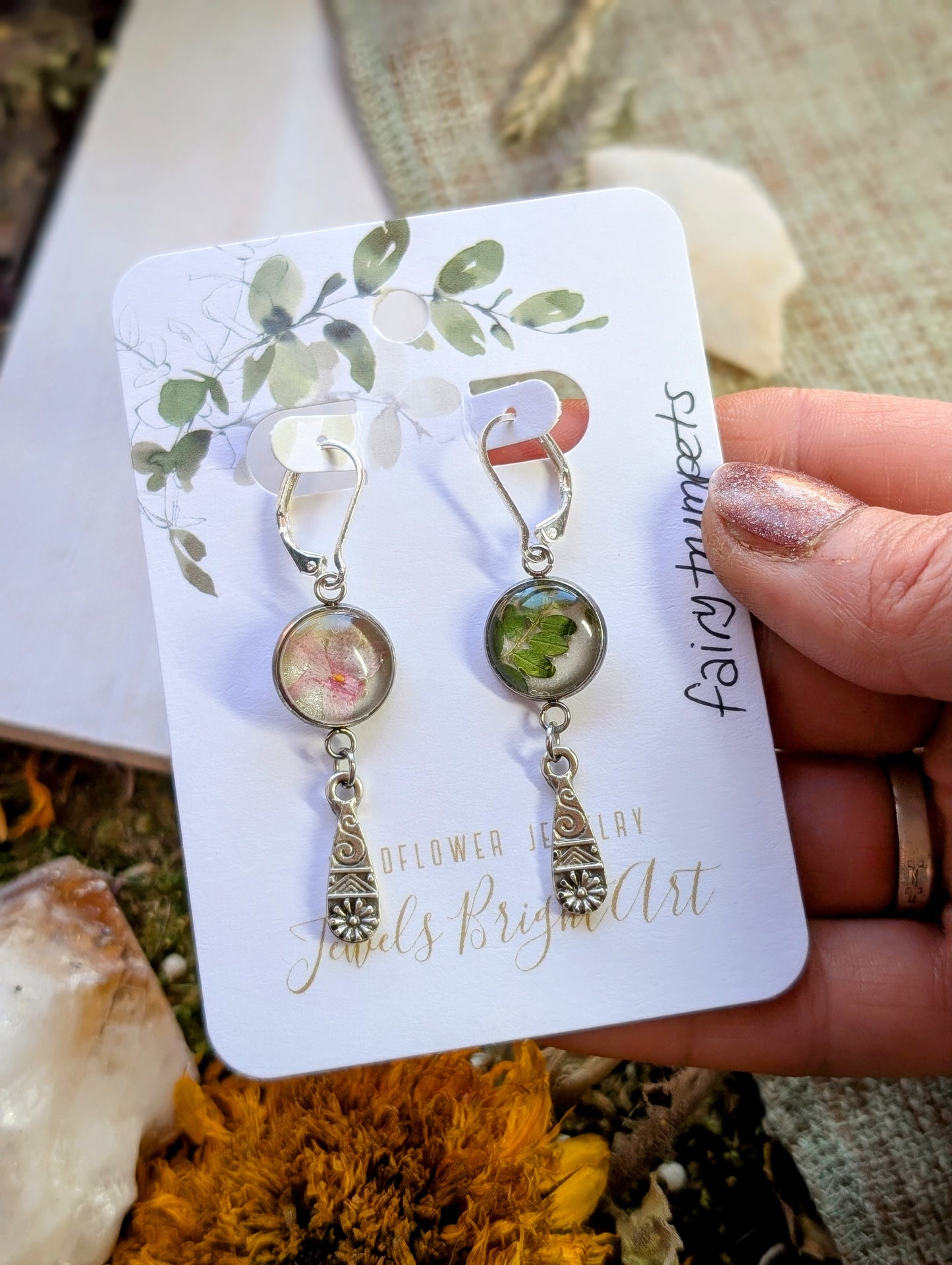 Fairy Trumpets Magical Pressed Flower Wildflower Earrings with Sterling Silver