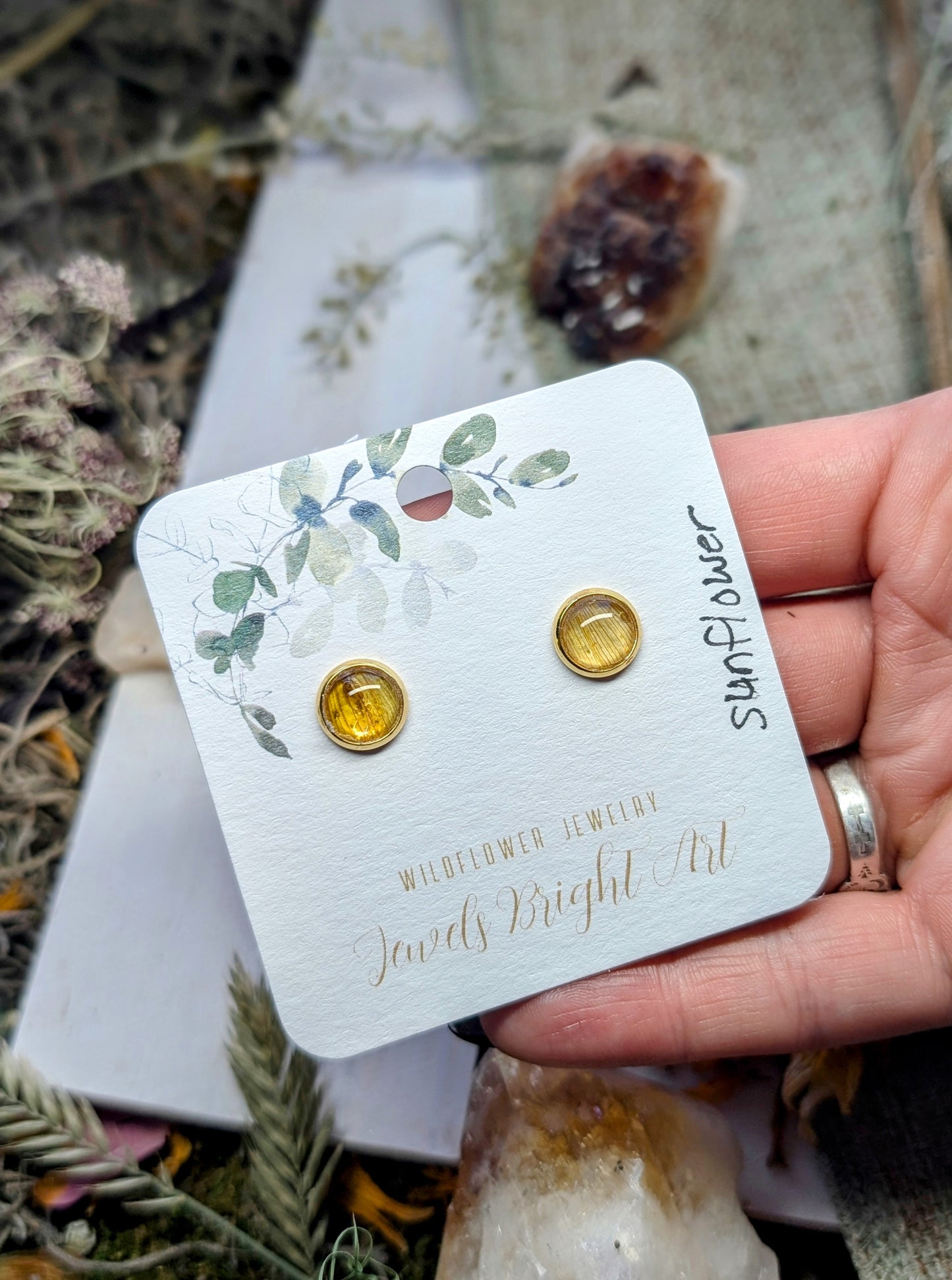 Sunflower Tiny Nature-Inspired Whimsical Earrings with Dried Floral Accents