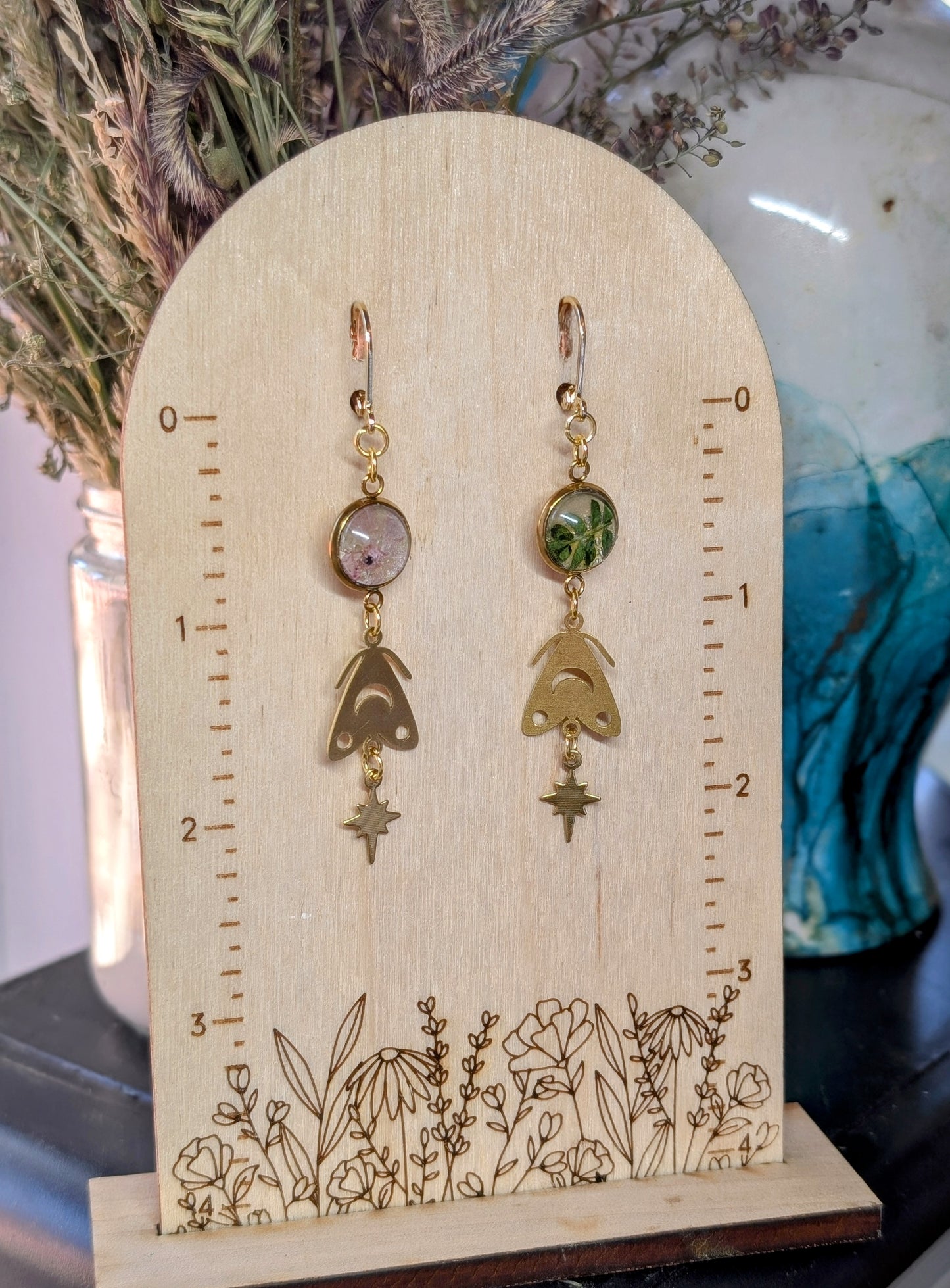 Fairy Trumpets Magical Pressed Flower Wildflower Earrings with 14k Gold