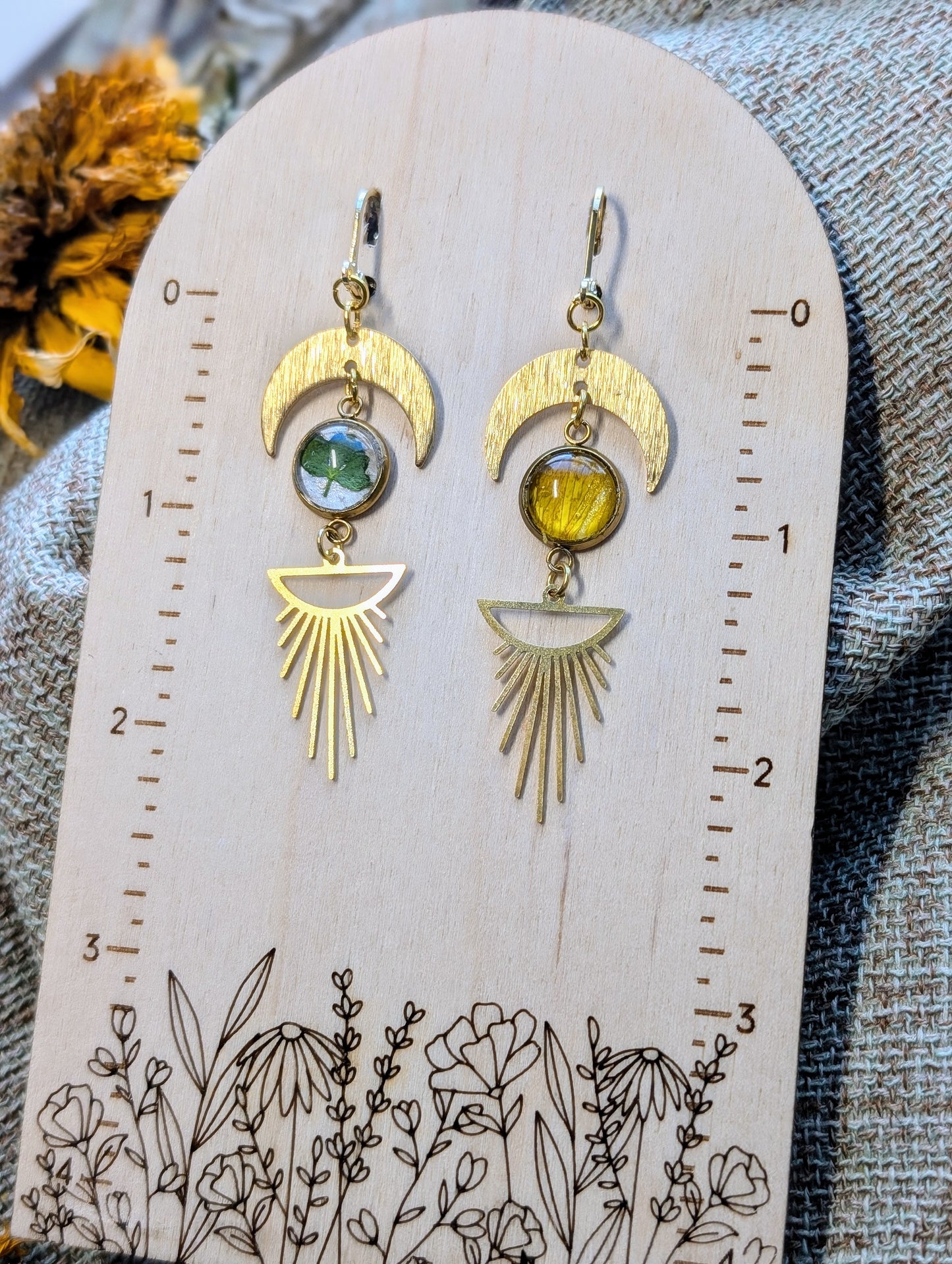 Wild Sunflower Magical Pressed Flower Wildflower Earrings with 14k Gold