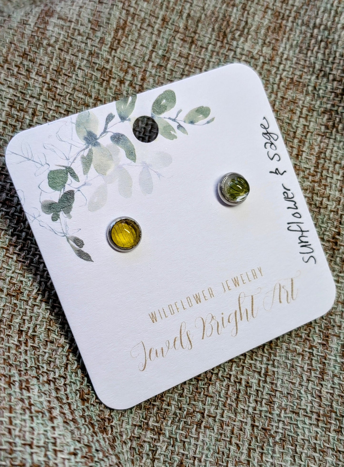 Sunflower and Sage Tiny Nature-Inspired Whimsical Earrings with Dried Floral Accents