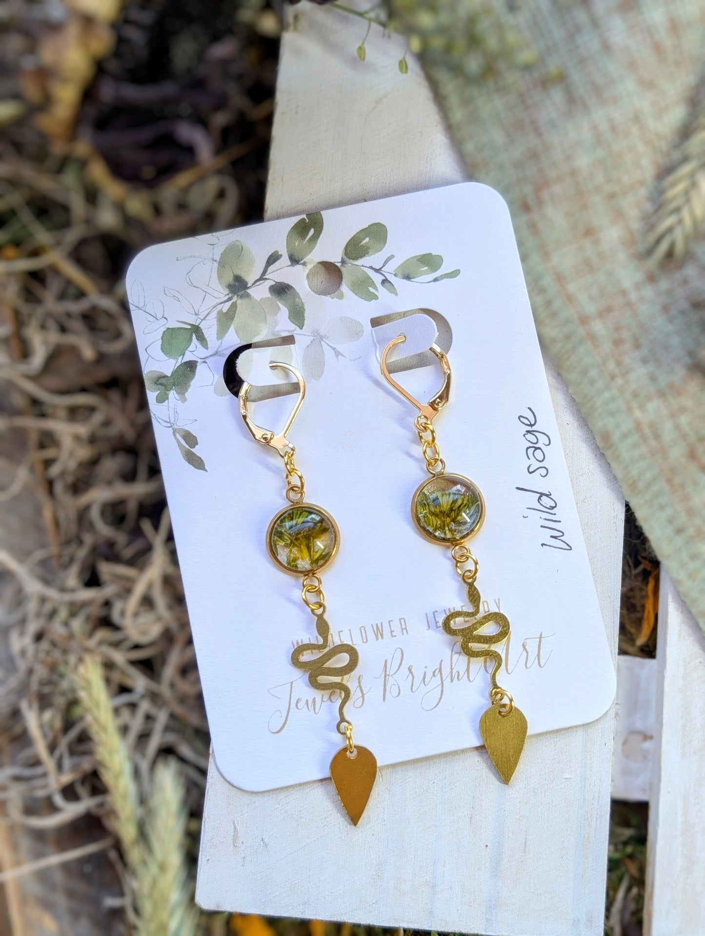 Wild Sage Magical Pressed Flower Wildflower Earrings with 14k Gold