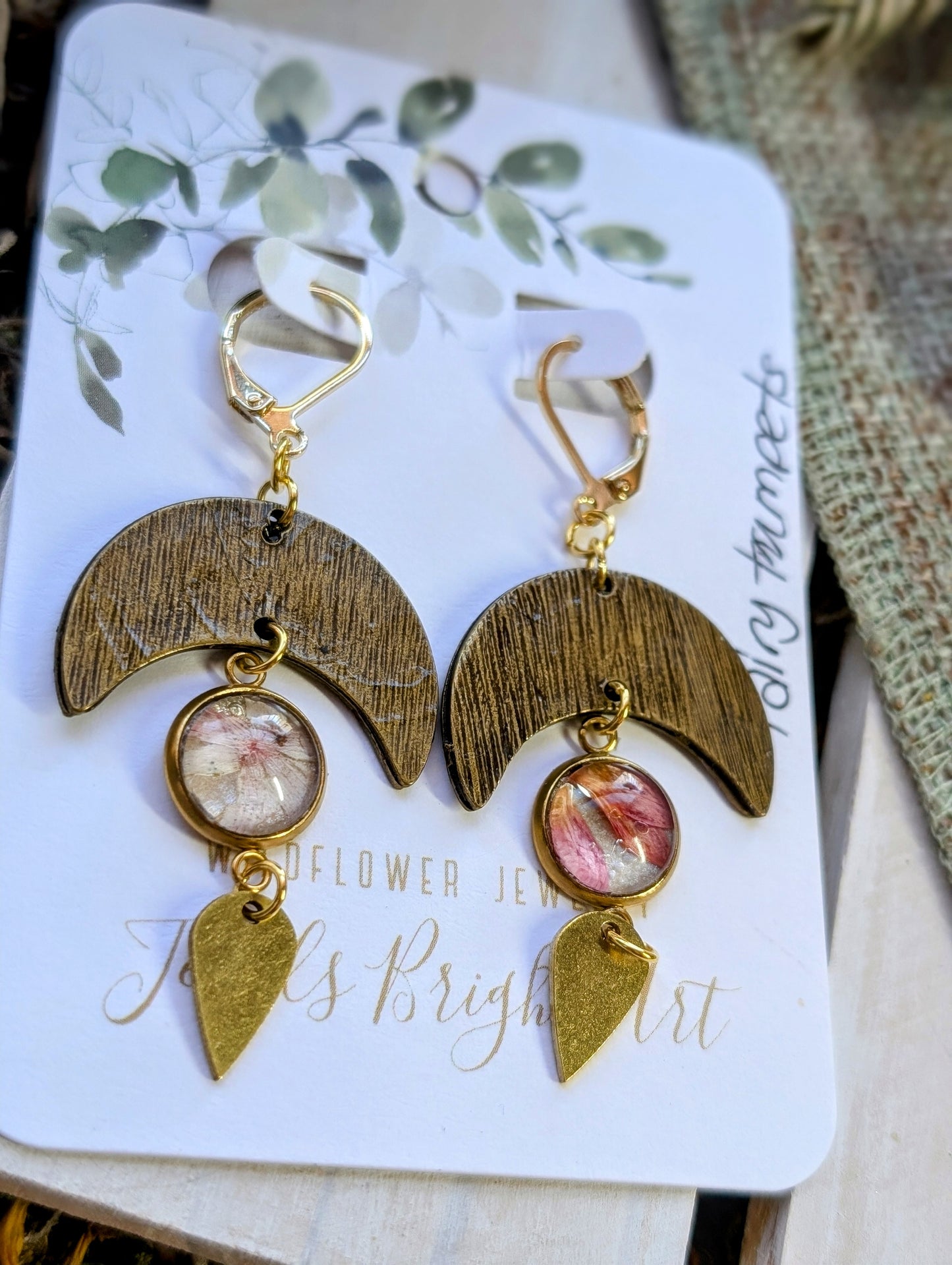 Fairy Trumpets Magical Pressed Flower Wildflower Earrings with 14K Gold