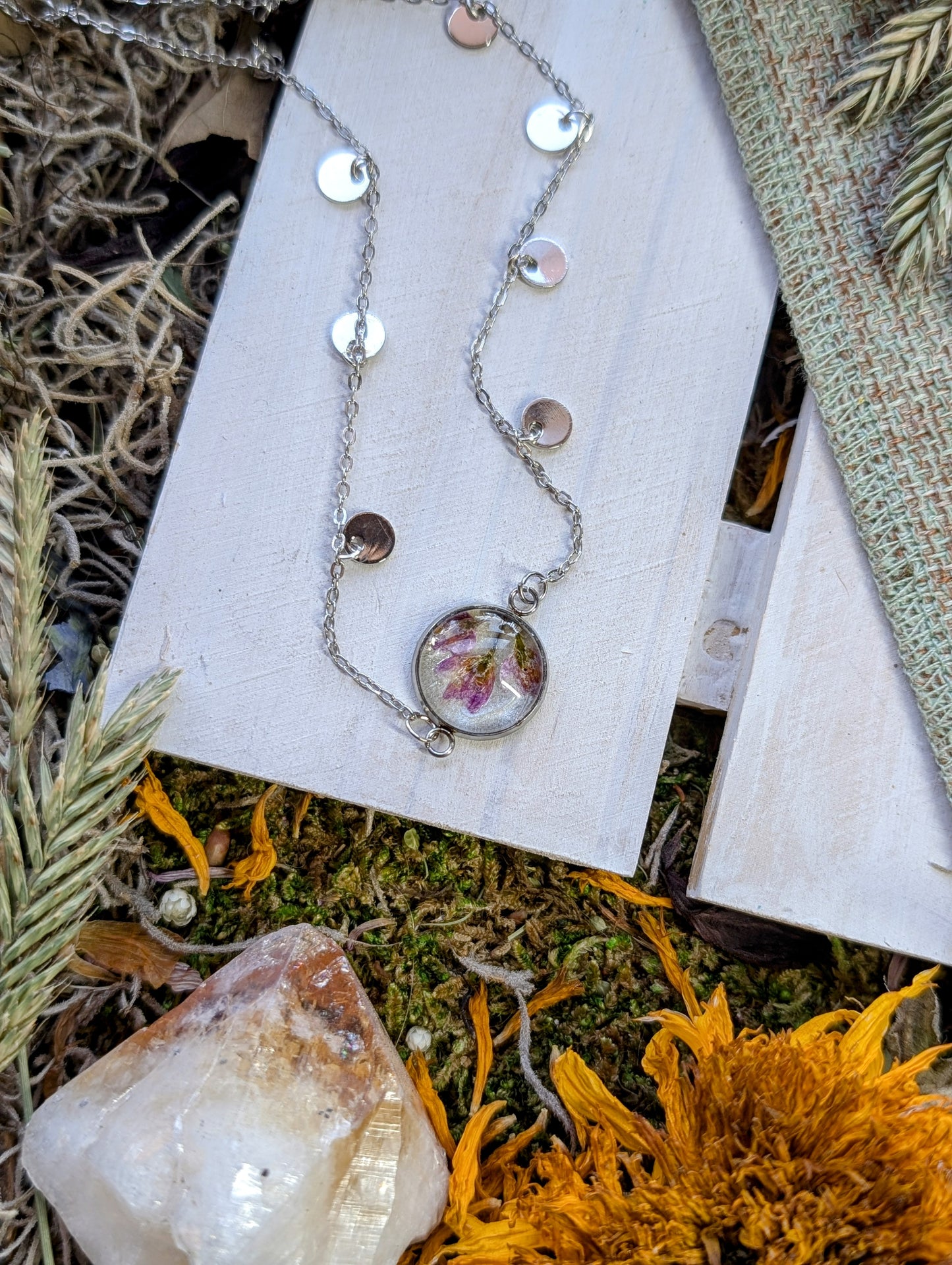 Nodding Onion Sterling Silver Nature-Inspired Whimsical Necklace with Dried Floral Accents