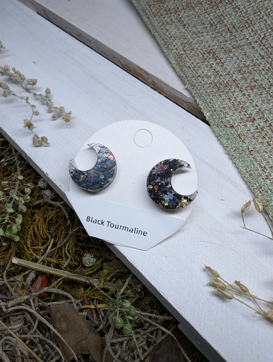 Black Tourmaline Crystal Stud Earrings, Real Crystal Studs