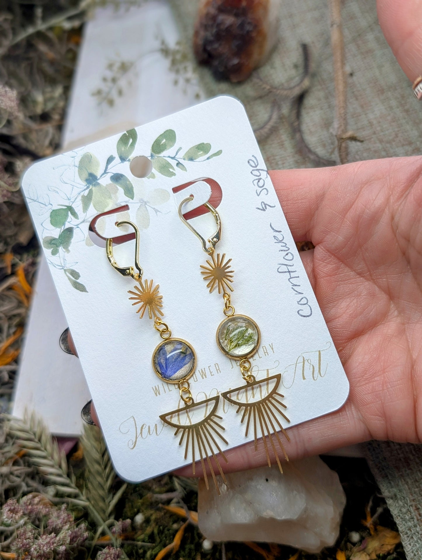 Cornflower and Sage Magical Pressed Flower Wildflower Earrings with 14k Gold