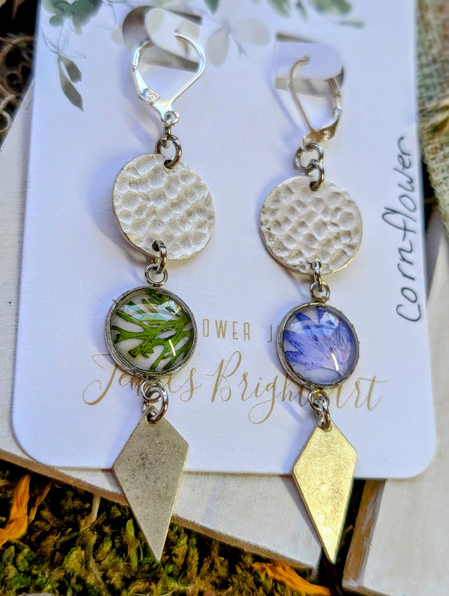 Cornflower Magical Pressed Flower Wildflower Earrings with Sterling Silver