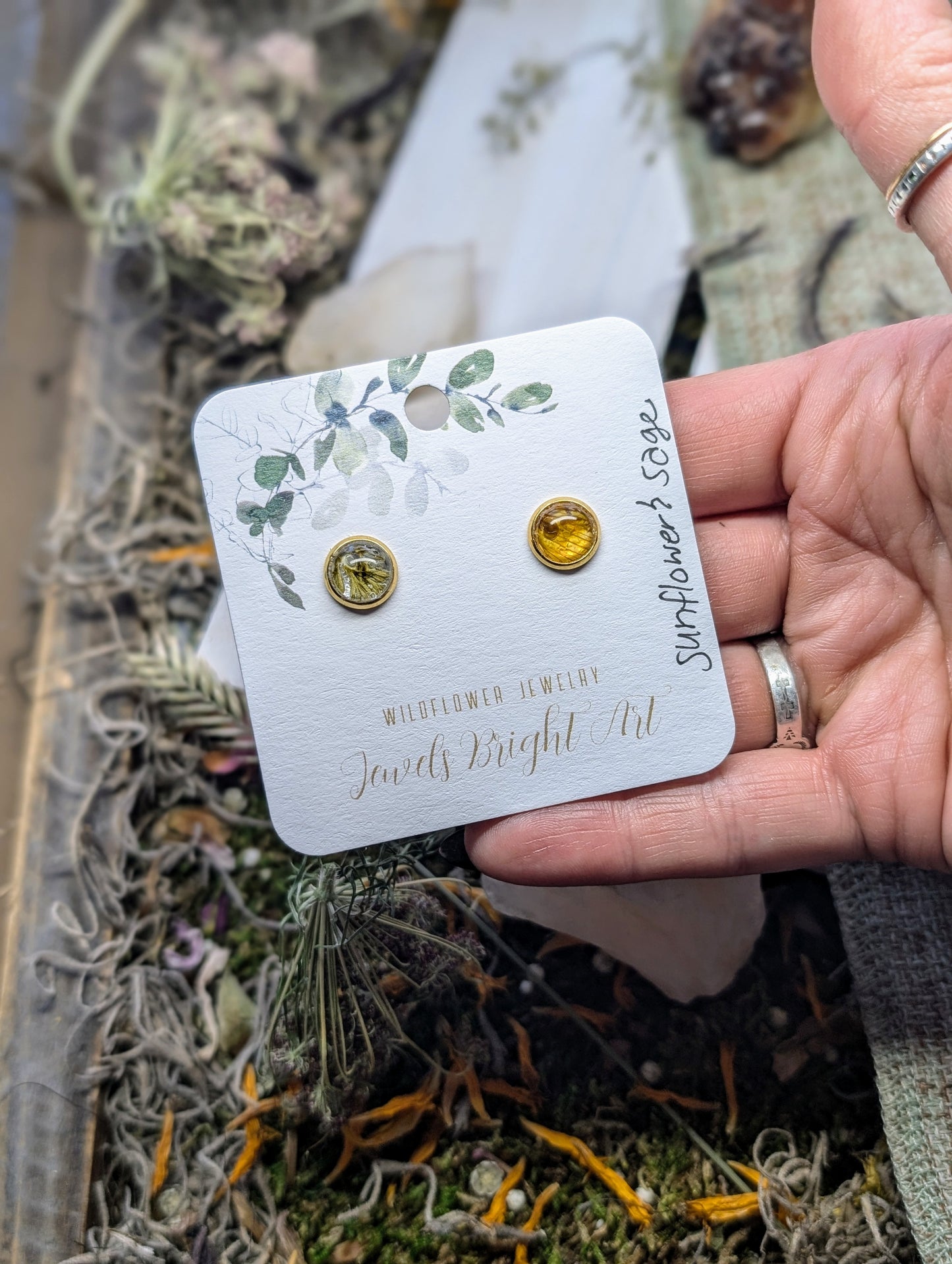 Sunflower and Wild Sage Small Nature-Inspired Whimsical Earrings with Dried Floral Accents