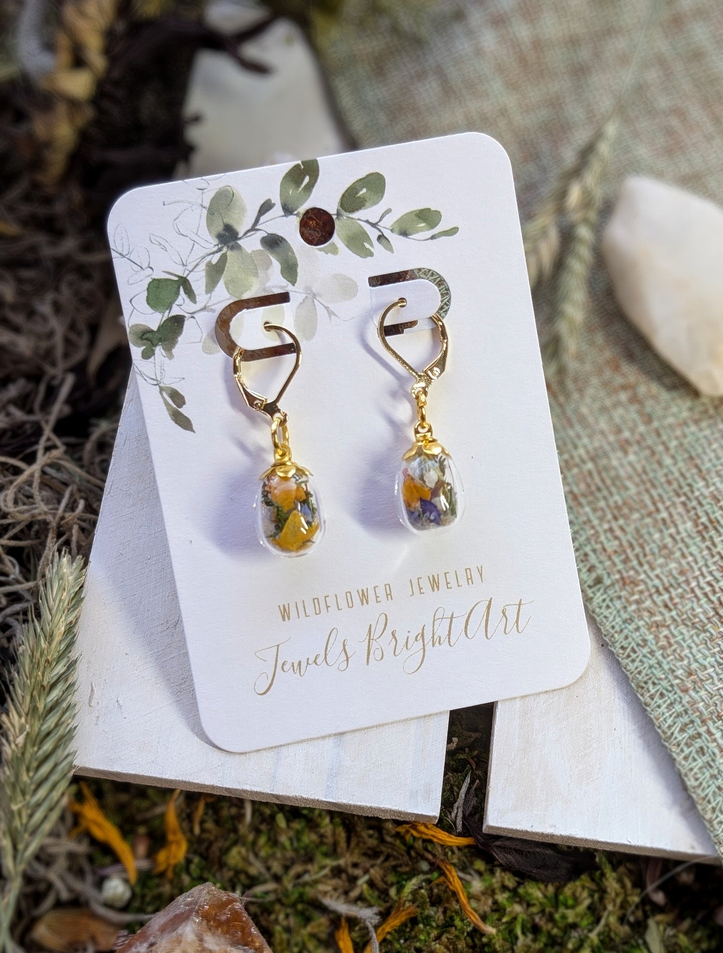 Unique Handcrafted Floral Earrings with Wildflowers and Quartz