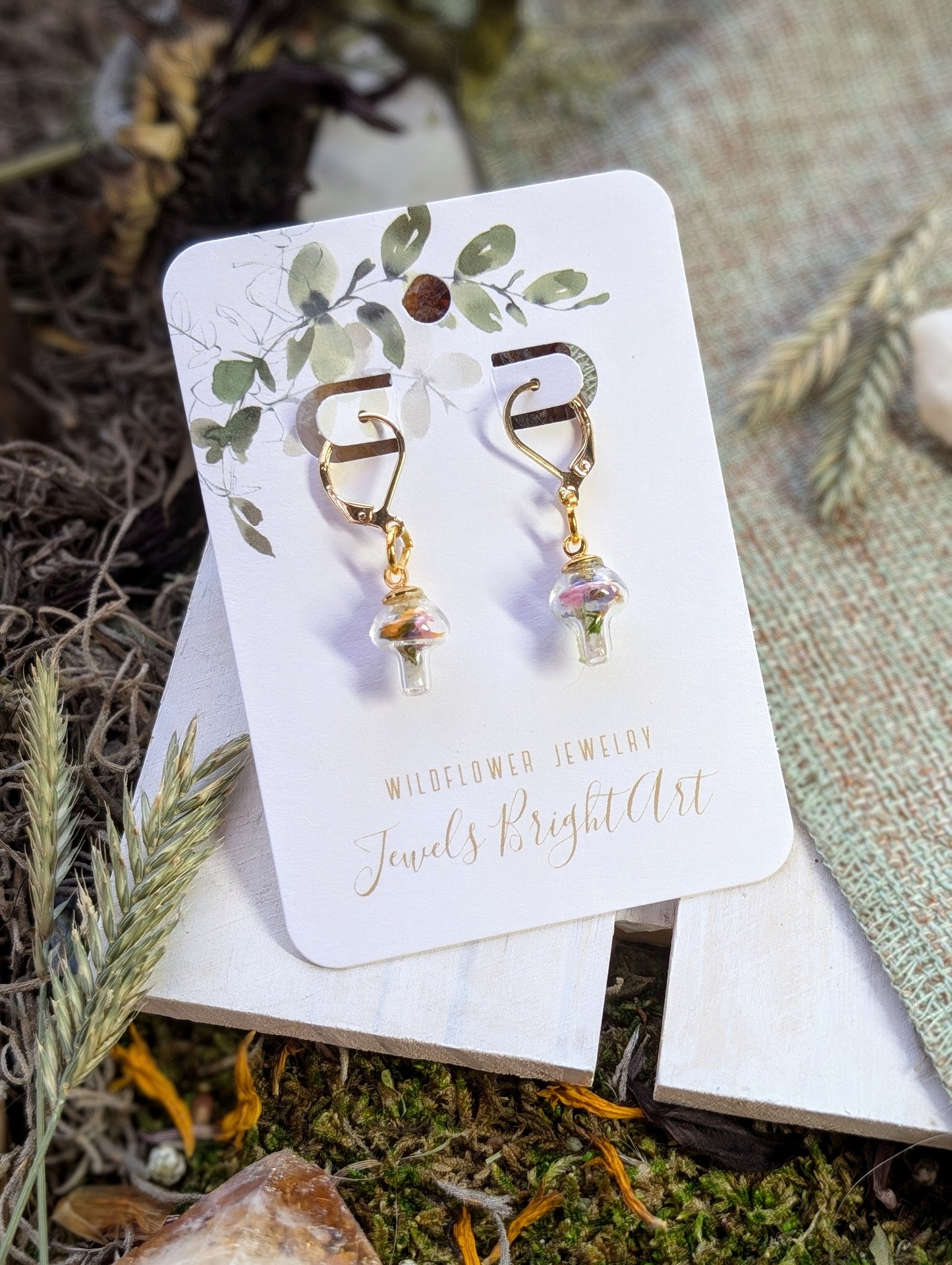 Mushroom Unique Handcrafted Floral Earrings with Wildflowers and Quartz