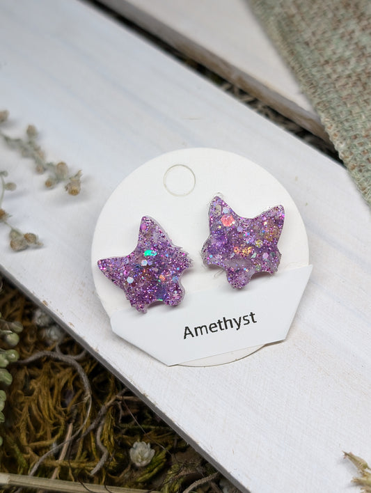 Amethyst Fox Crystal Stud Earrings, Real Crystal Studs