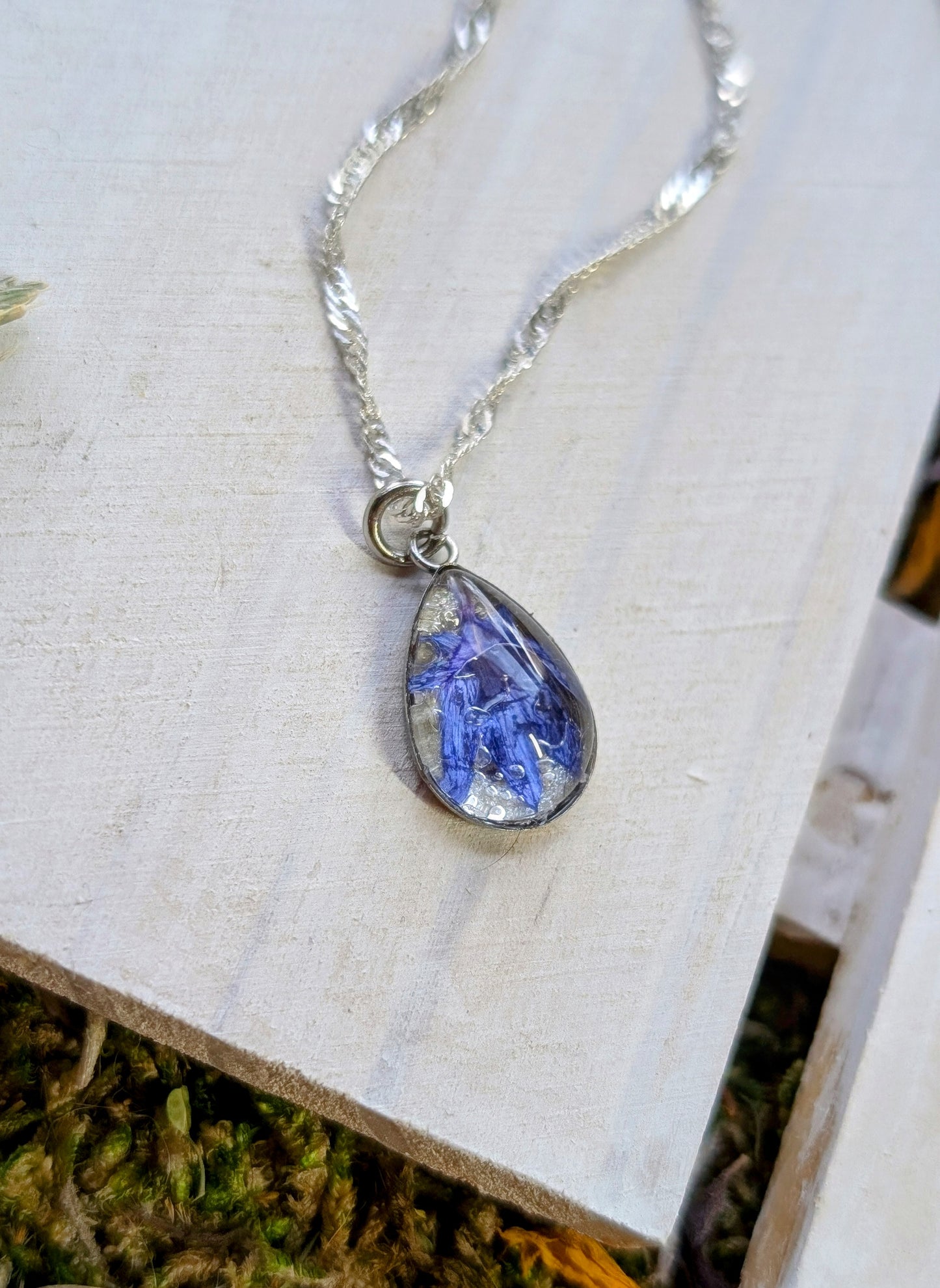 Cornflower Sterling Silver Nature-Inspired Whimsical Necklace with Dried Floral Accents