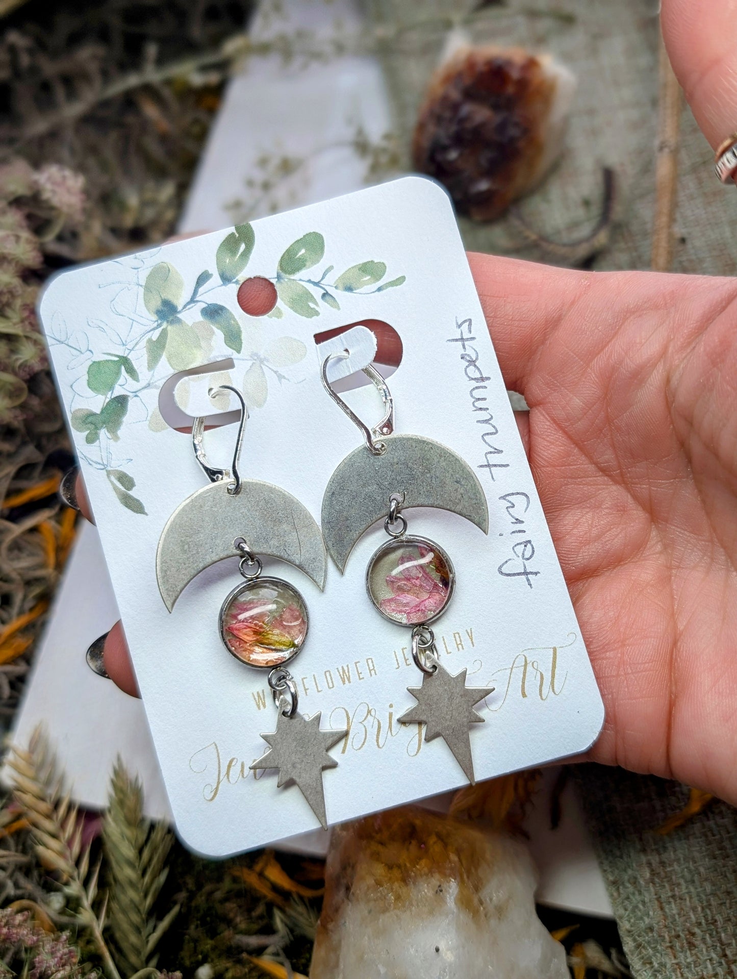 Fairy Trumpet Magical Pressed Flower Wildflower Earrings with Sterling Silver