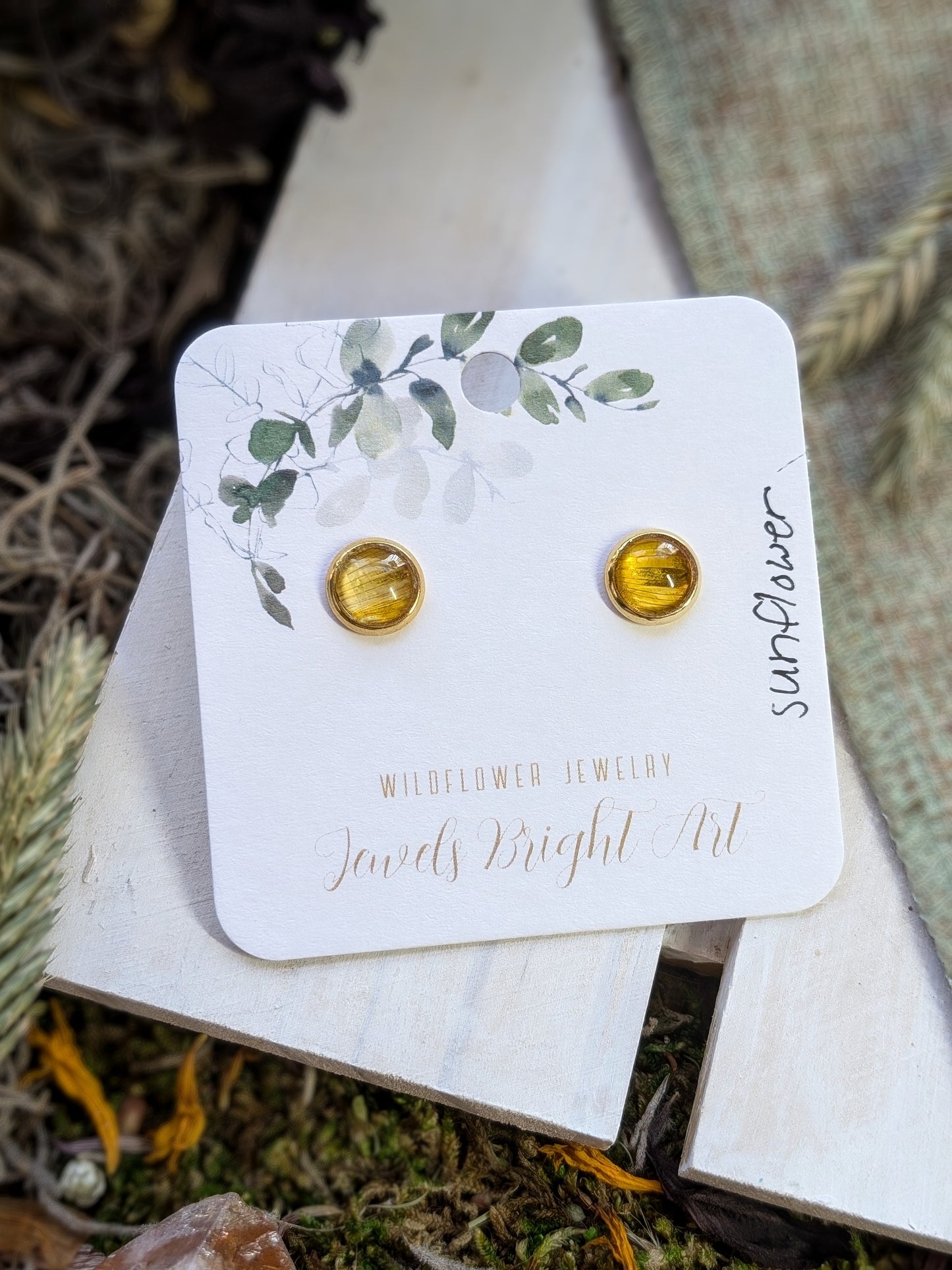 Sunflower Tiny Nature-Inspired Whimsical Earrings with Dried Floral Accents