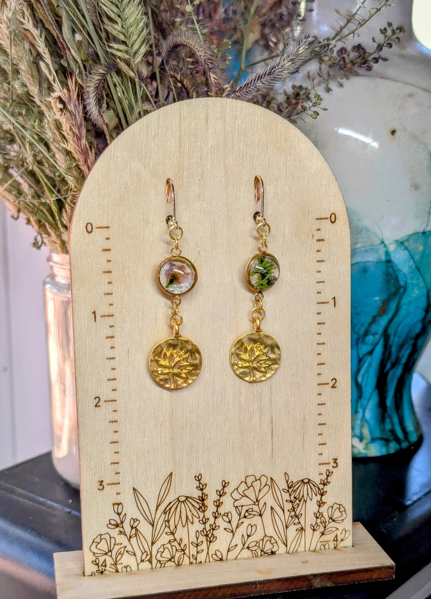 Nodding Onion and Wild Sage Magical Pressed Flower Wildflower Earrings with 14k Gold