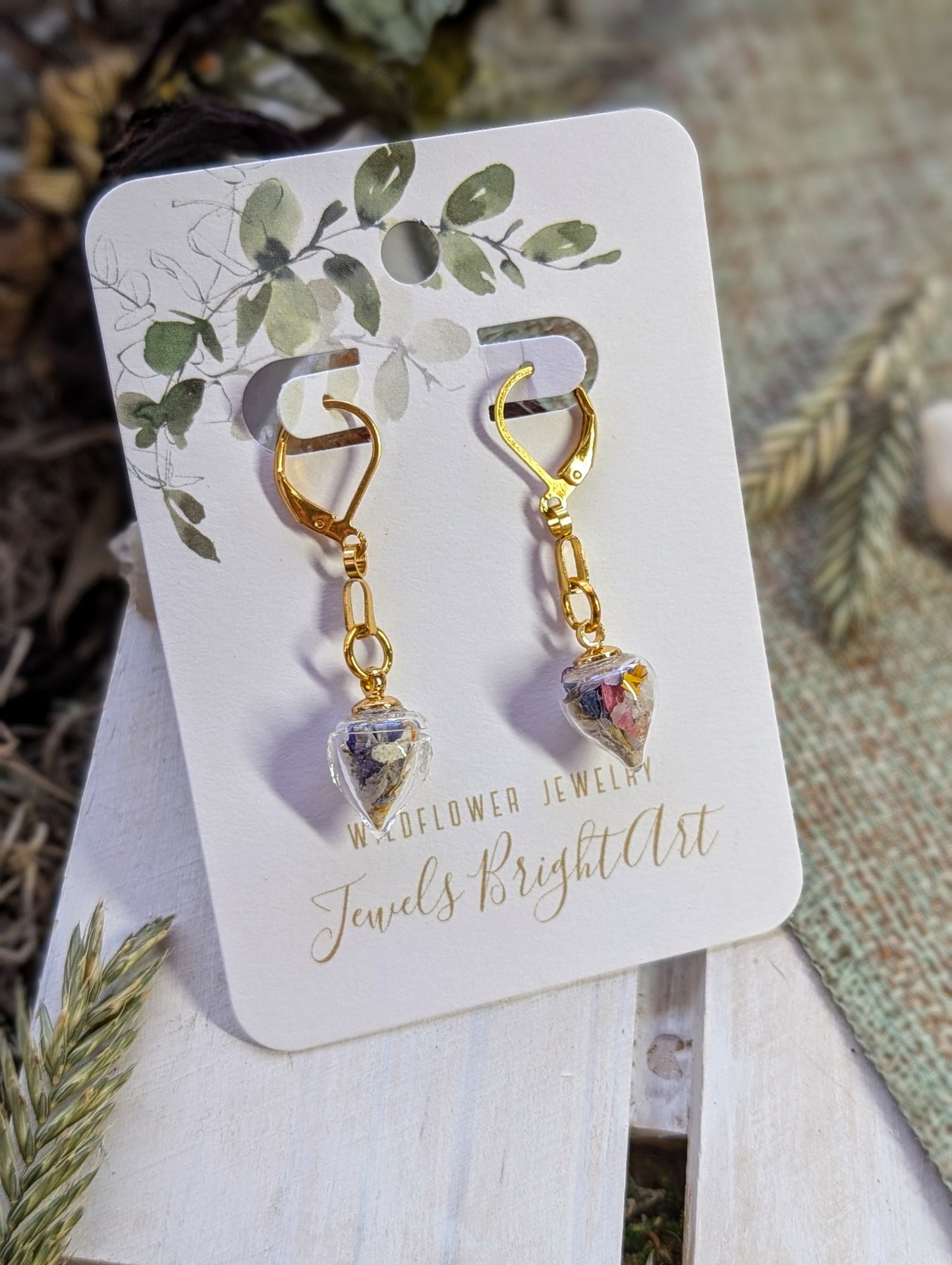 Unique Handcrafted Floral Earrings with Wildflowers and Quartz