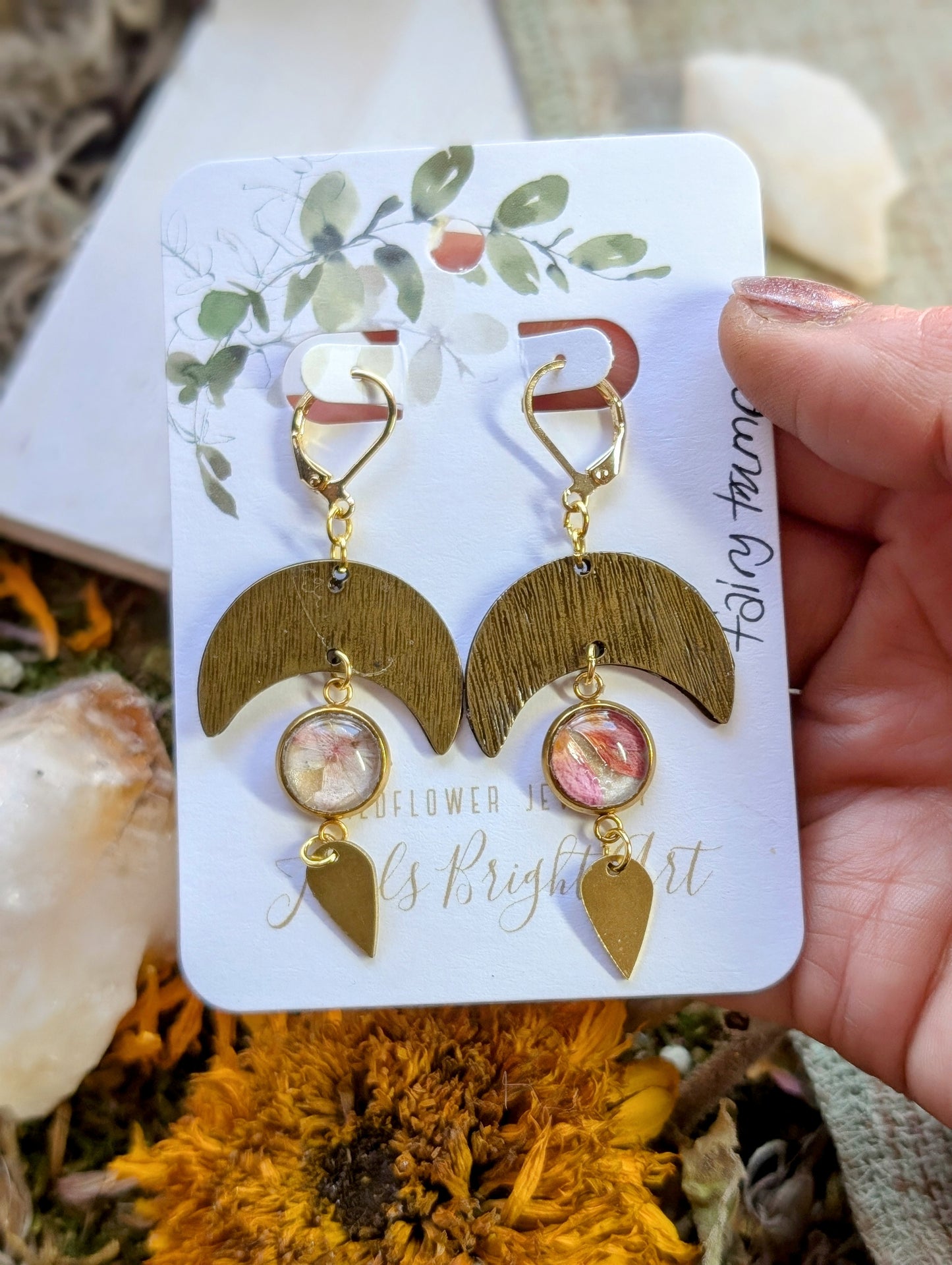 Fairy Trumpets Magical Pressed Flower Wildflower Earrings with 14K Gold