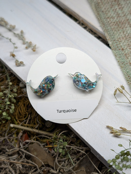 Turquoise Narwhals Crystal Stud Earrings, Real Crystal Studs