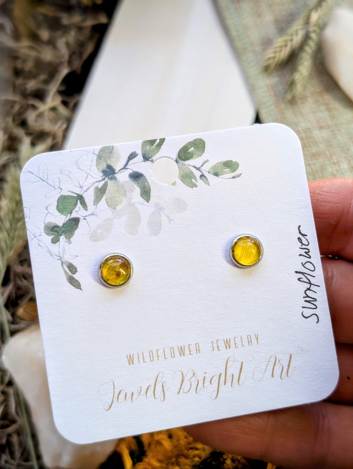 Sunflower Tiny Nature-Inspired Whimsical Earrings with Dried Floral Accents