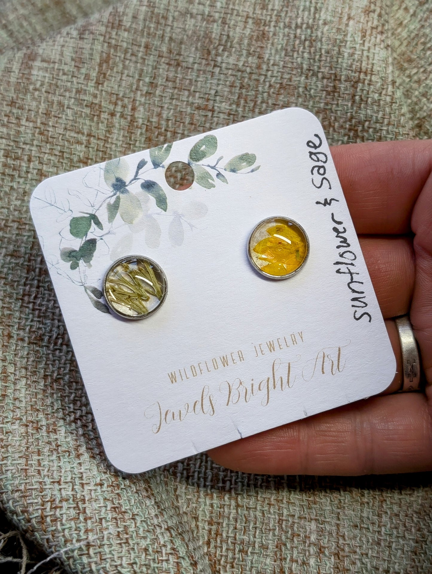 Sunflower and Wild Sage Tiny Nature-Inspired Whimsical Earrings with Dried Floral Accents