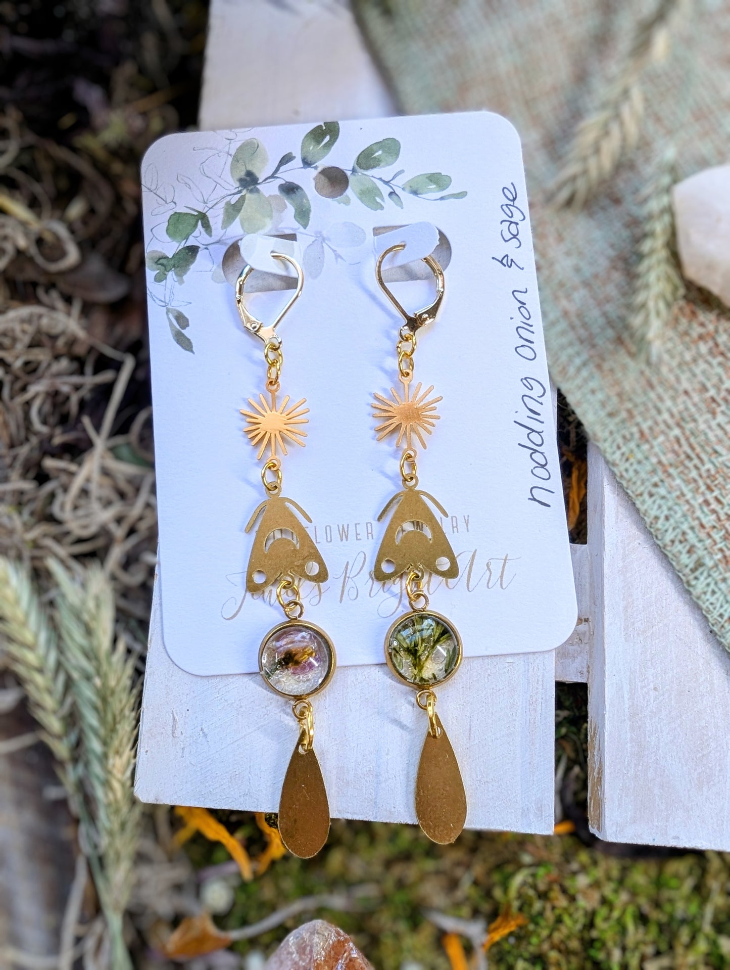 Wild Sage Magical Pressed Flower Wildflower Earrings with 14k Gold