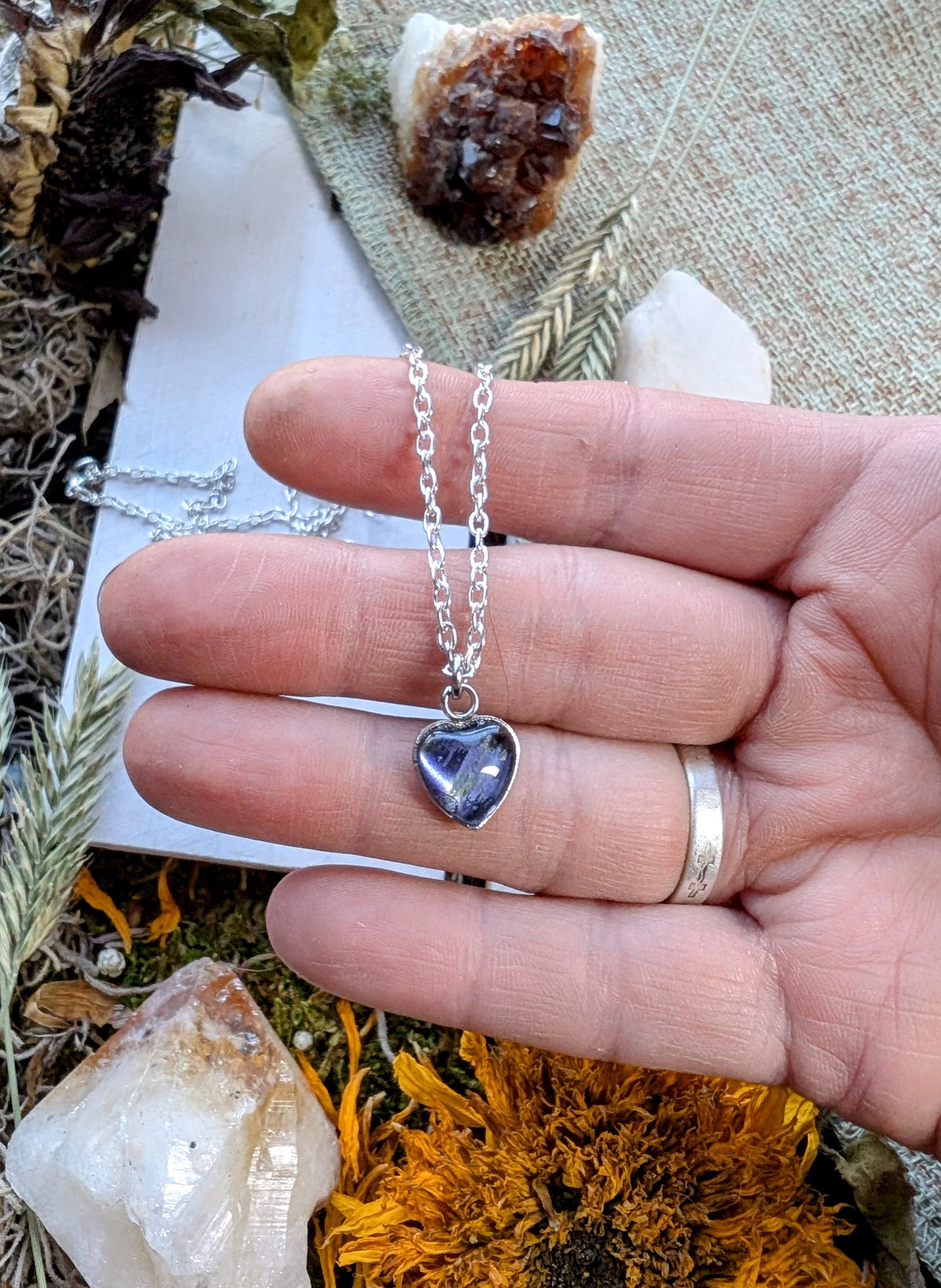 Tiny Harabel Sterling Silver Nature-Inspired Whimsical Necklace with Dried Floral Accents