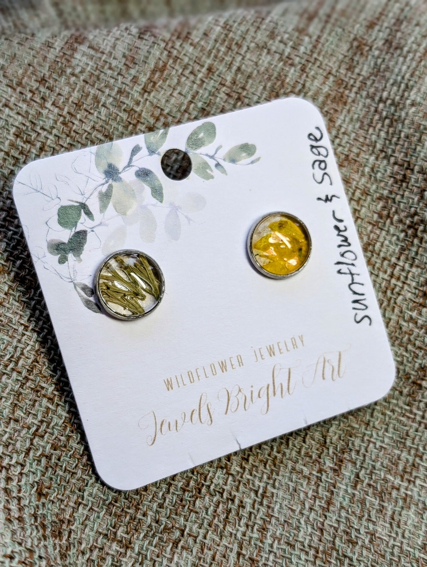 Sunflower and Wild Sage Tiny Nature-Inspired Whimsical Earrings with Dried Floral Accents