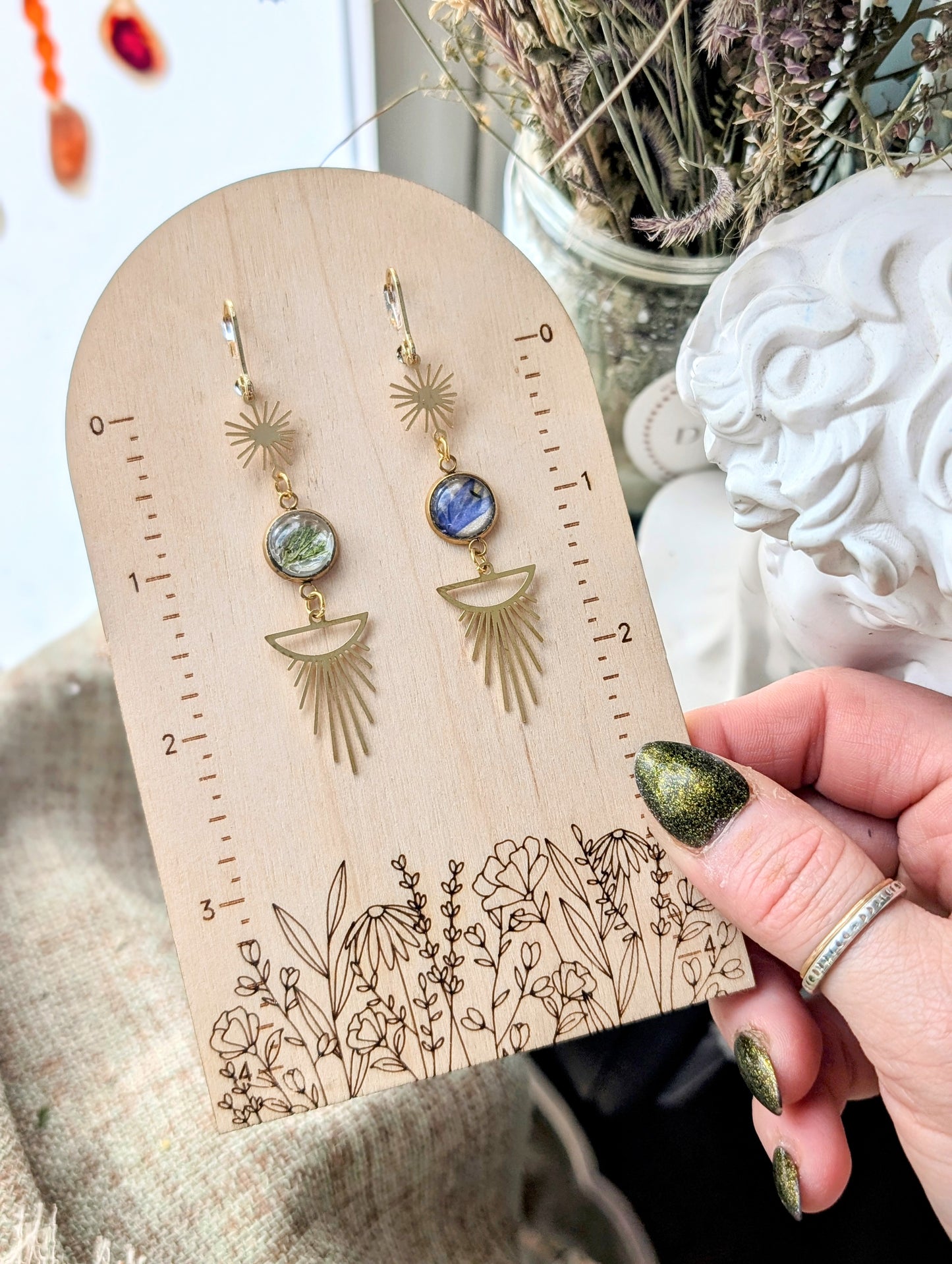 Cornflower and Sage Magical Pressed Flower Wildflower Earrings with 14k Gold