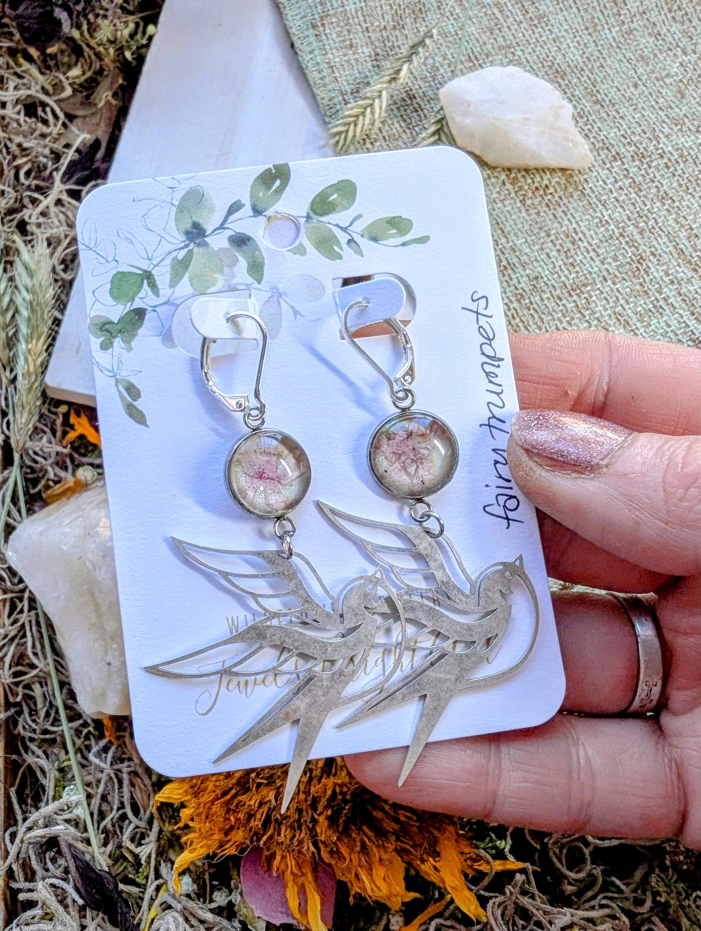 Fairy Trumpets Magical Pressed Flower Wildflower Earrings with Sterling Silver