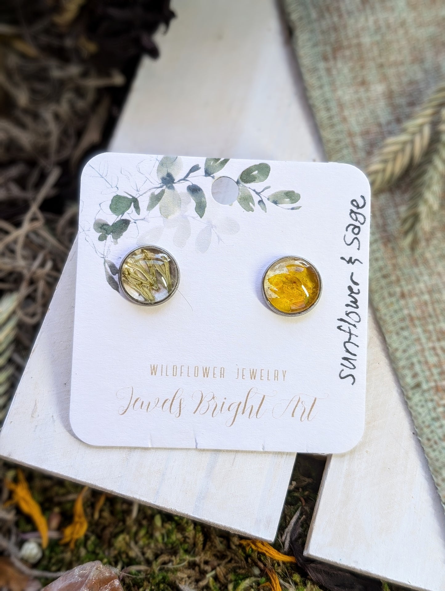 Sunflower and Wild Sage Tiny Nature-Inspired Whimsical Earrings with Dried Floral Accents