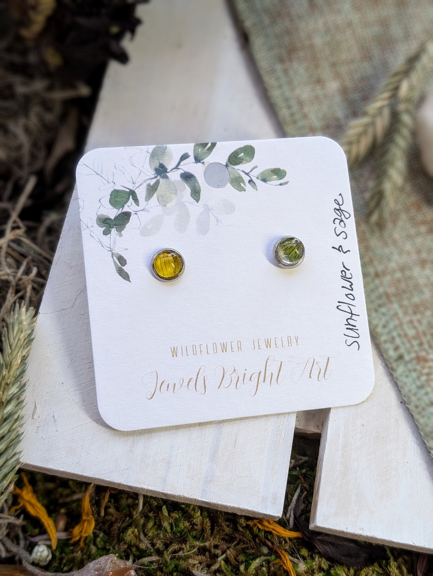 Sunflower and Sage Tiny Nature-Inspired Whimsical Earrings with Dried Floral Accents