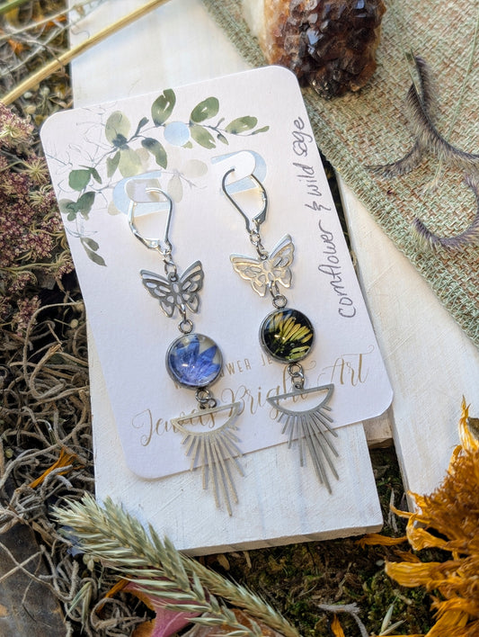 Cornflower and Sage Magical Pressed Flower Wildflower Earrings with Sterling Silver