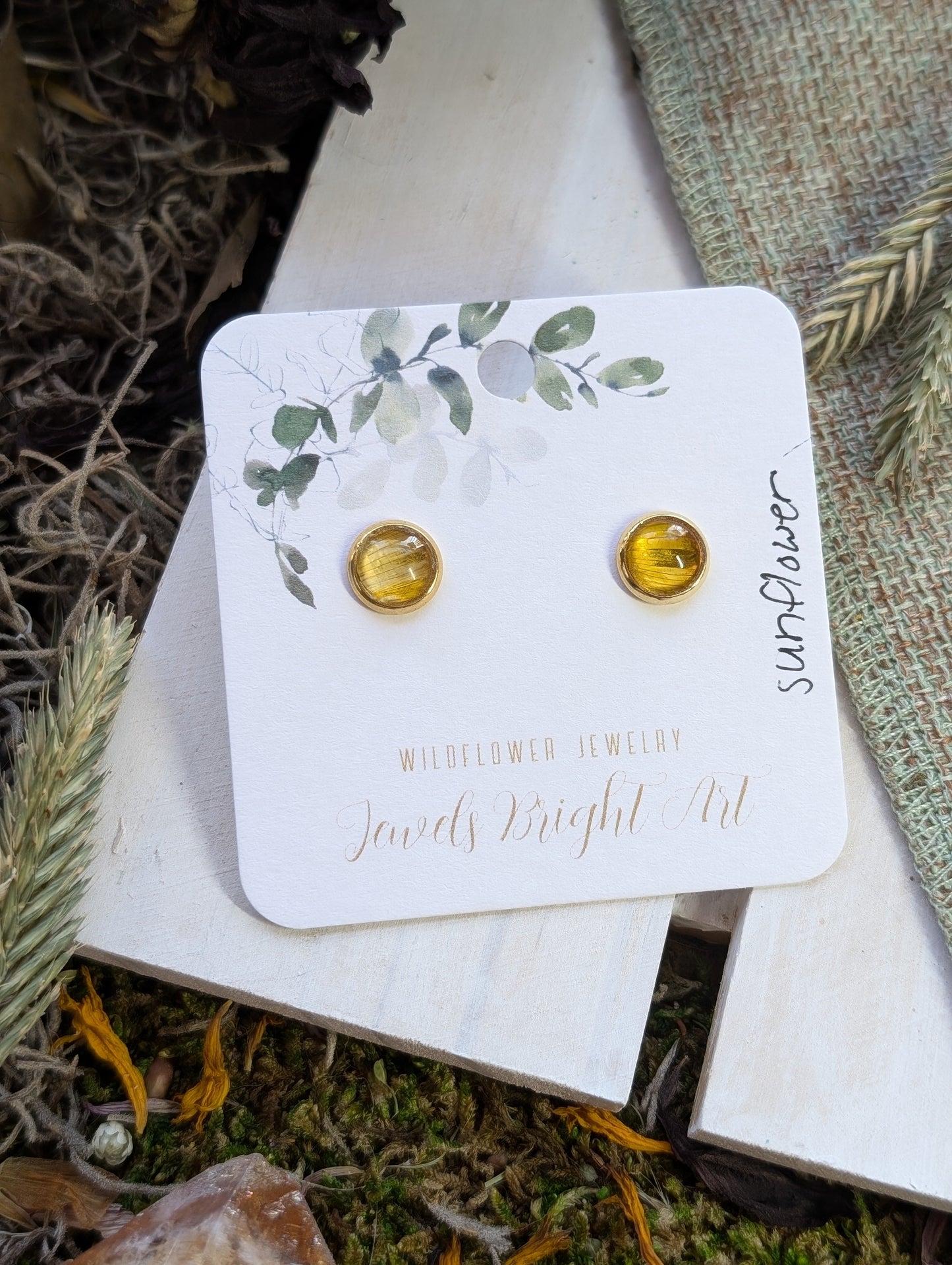 Sunflower Tiny Nature-Inspired Whimsical Earrings with Dried Floral Accents