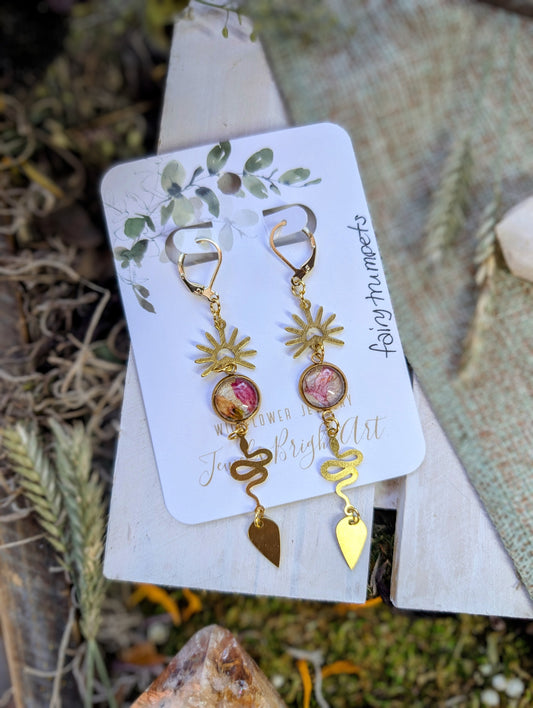 Fairy Trumpets Magical Pressed Flower Wildflower Earrings with 14k Gold