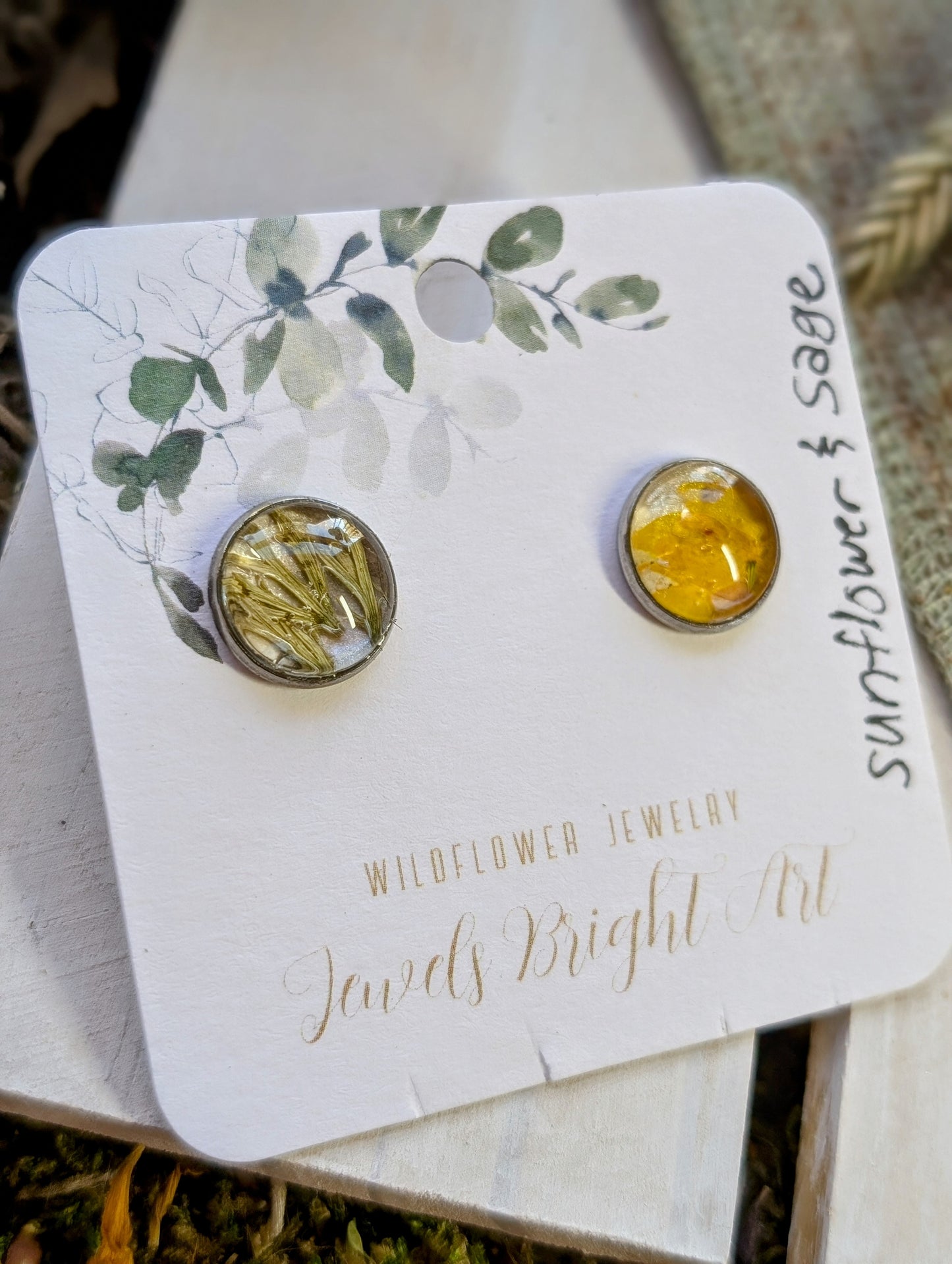 Sunflower and Wild Sage Tiny Nature-Inspired Whimsical Earrings with Dried Floral Accents